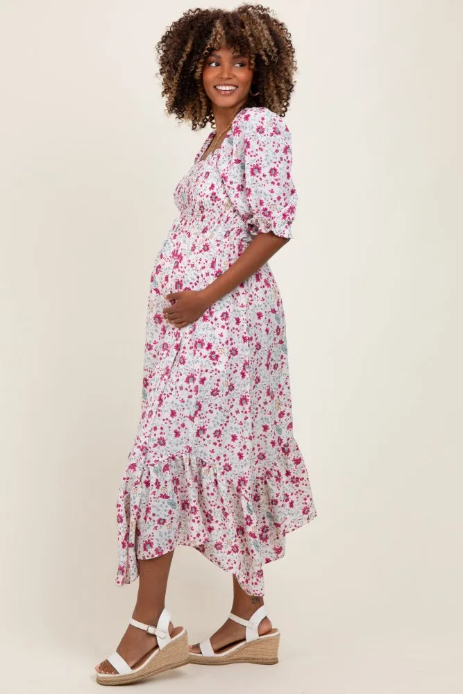 Ivory Floral Smocked Handkerchief Hem Maternity Maxi Dress sold by Pinkblush product image thumbnail 2
