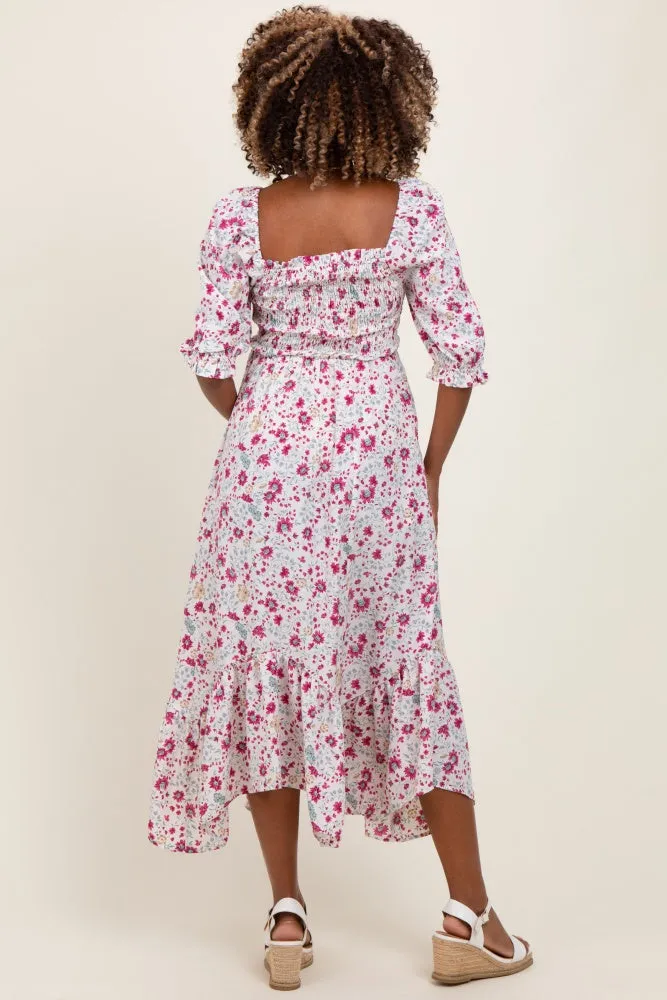 Ivory Floral Smocked Handkerchief Hem Maternity Maxi Dress sold by Pinkblush product image thumbnail 3