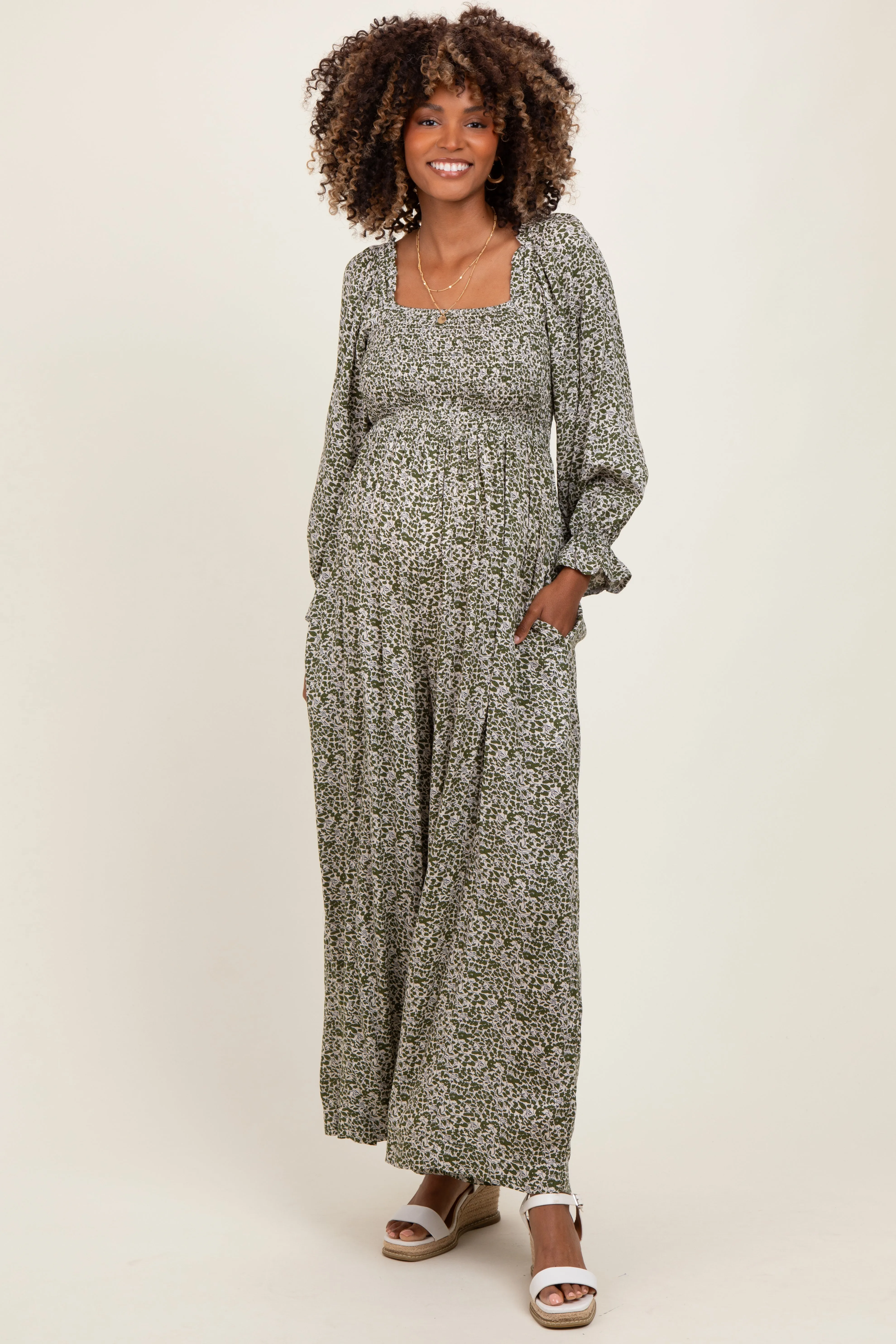 Olive Floral Long Sleeve Wide Leg Maternity Jumpsuit sold by Pinkblush product image thumbnail 2