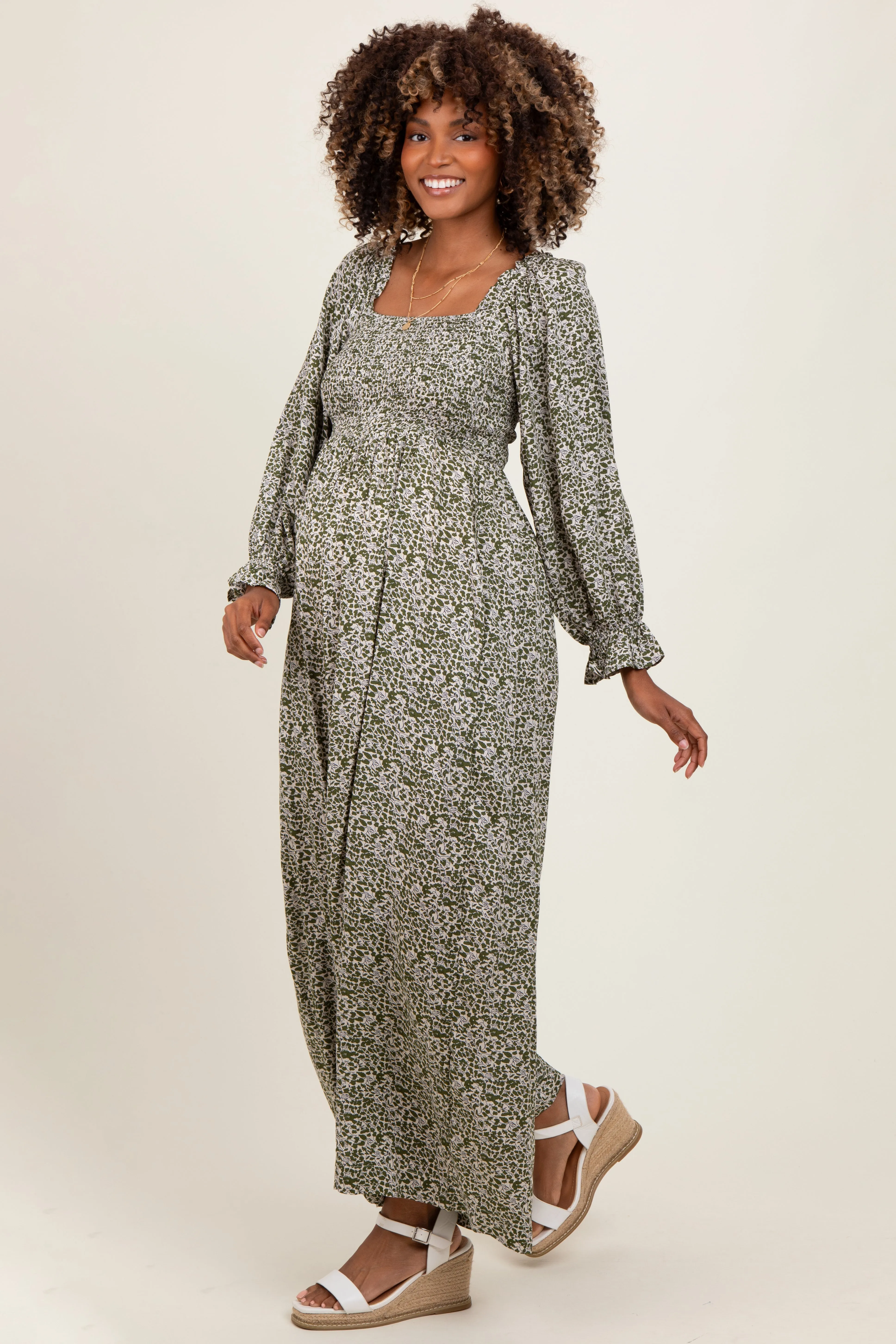 Olive Floral Long Sleeve Wide Leg Maternity Jumpsuit sold by Pinkblush product image thumbnail 3