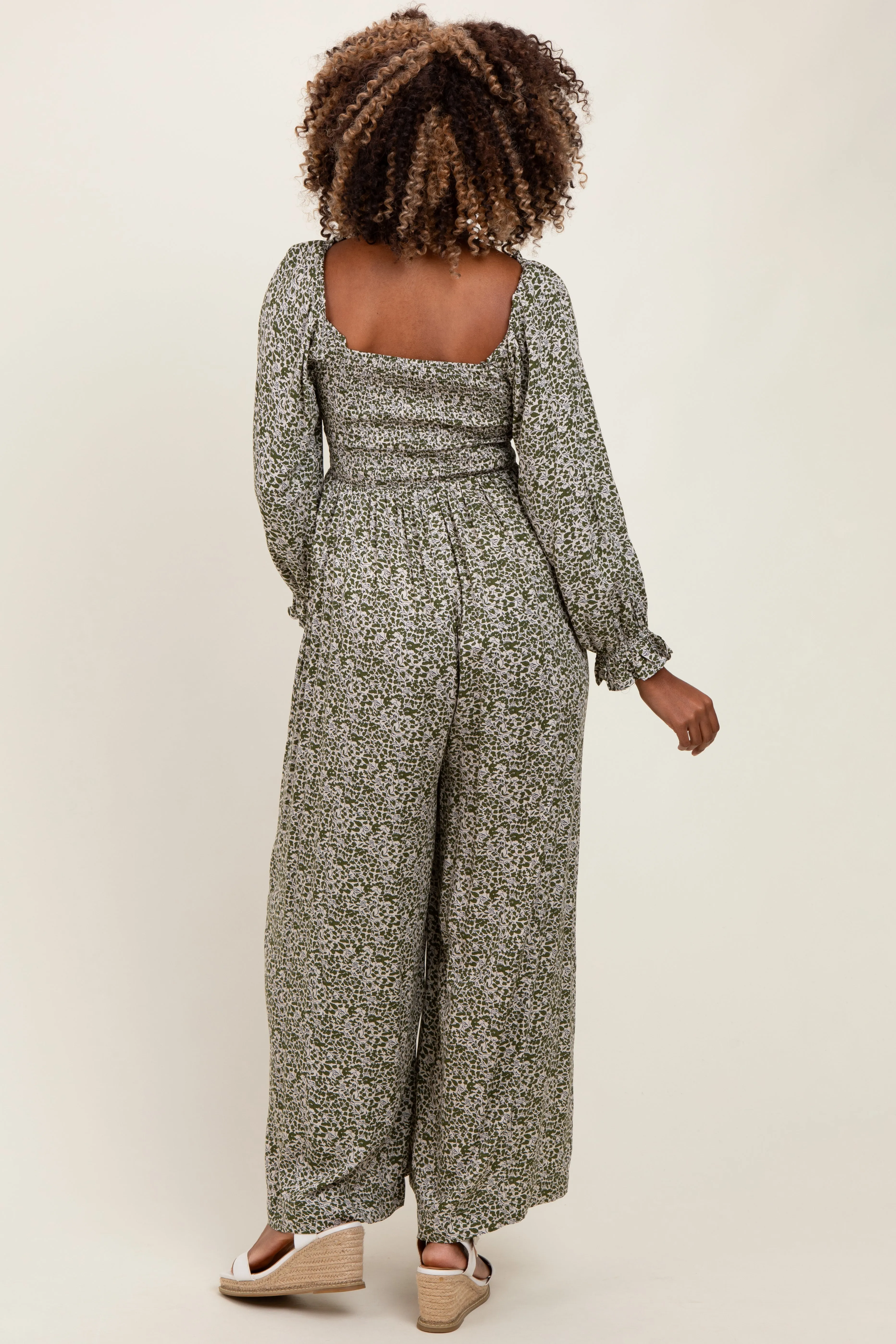 Olive Floral Long Sleeve Wide Leg Maternity Jumpsuit sold by Pinkblush product image thumbnail 4