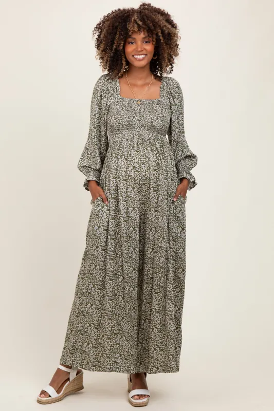 Olive Floral Long Sleeve Wide Leg Maternity Jumpsuit sold by Pinkblush