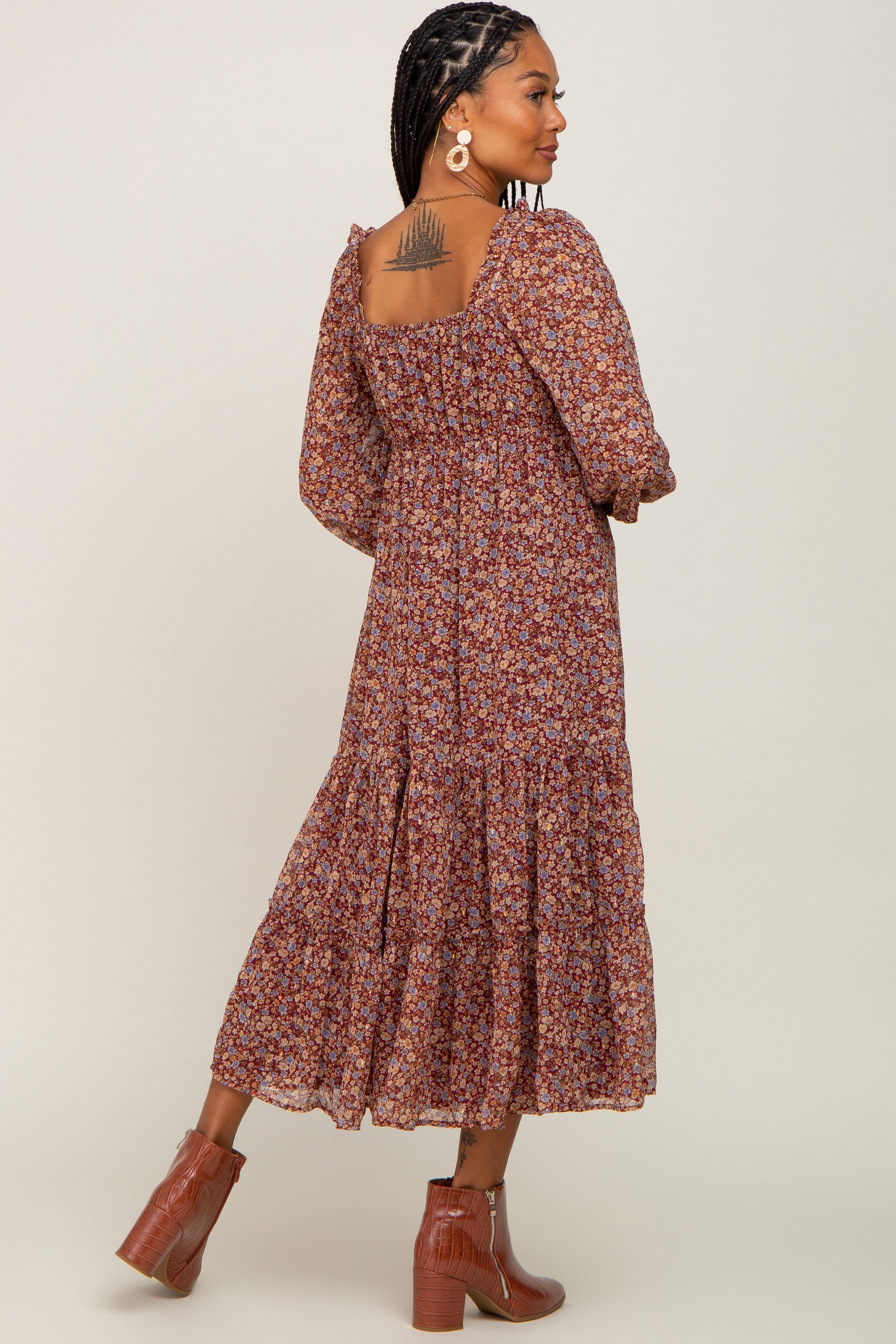 Floral Burgundy Ruffle Accent Midi Dress sold by Pinkblush product image thumbnail 3