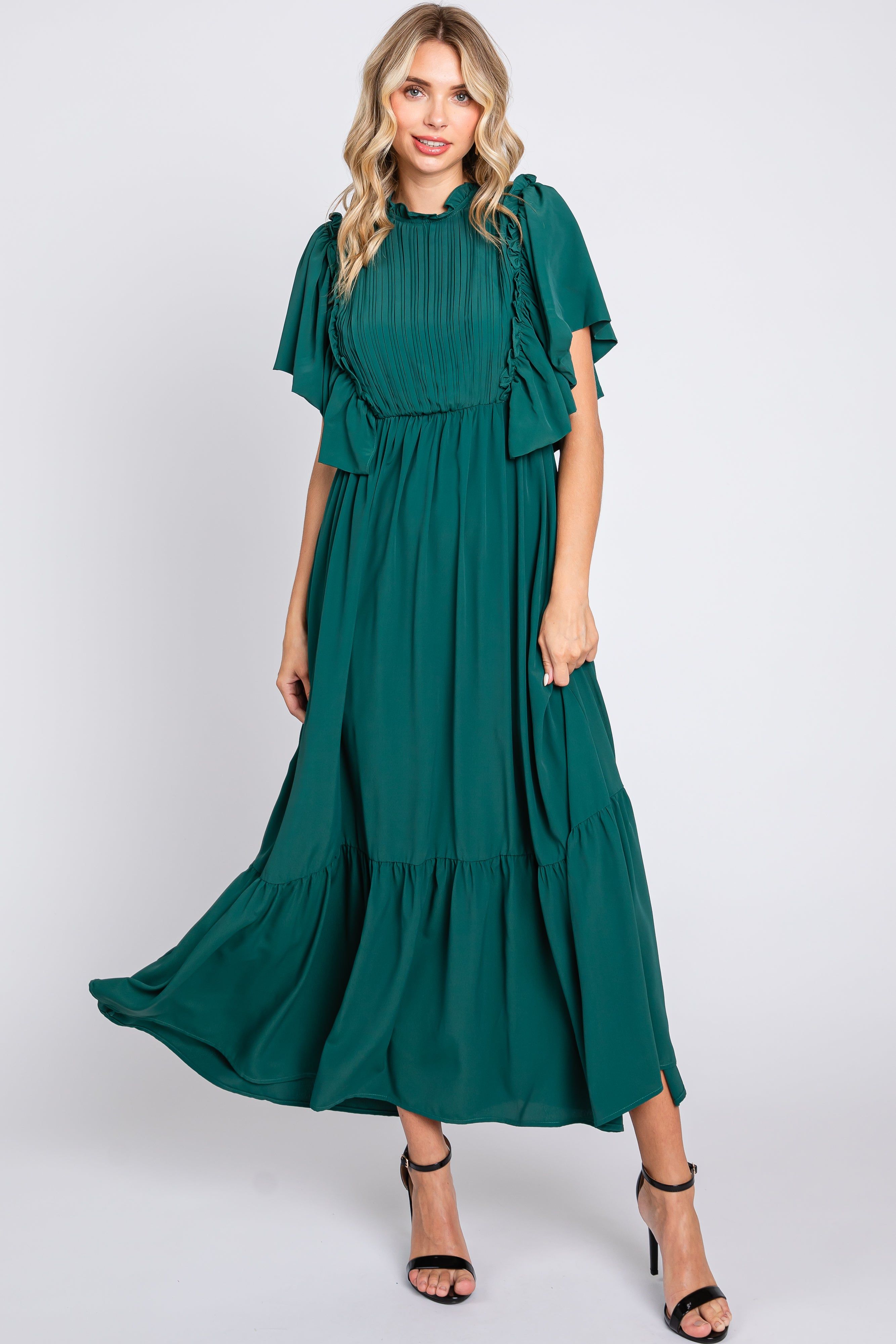 Forest Green Ruffle Pleated Maxi Dress sold by Pinkblush