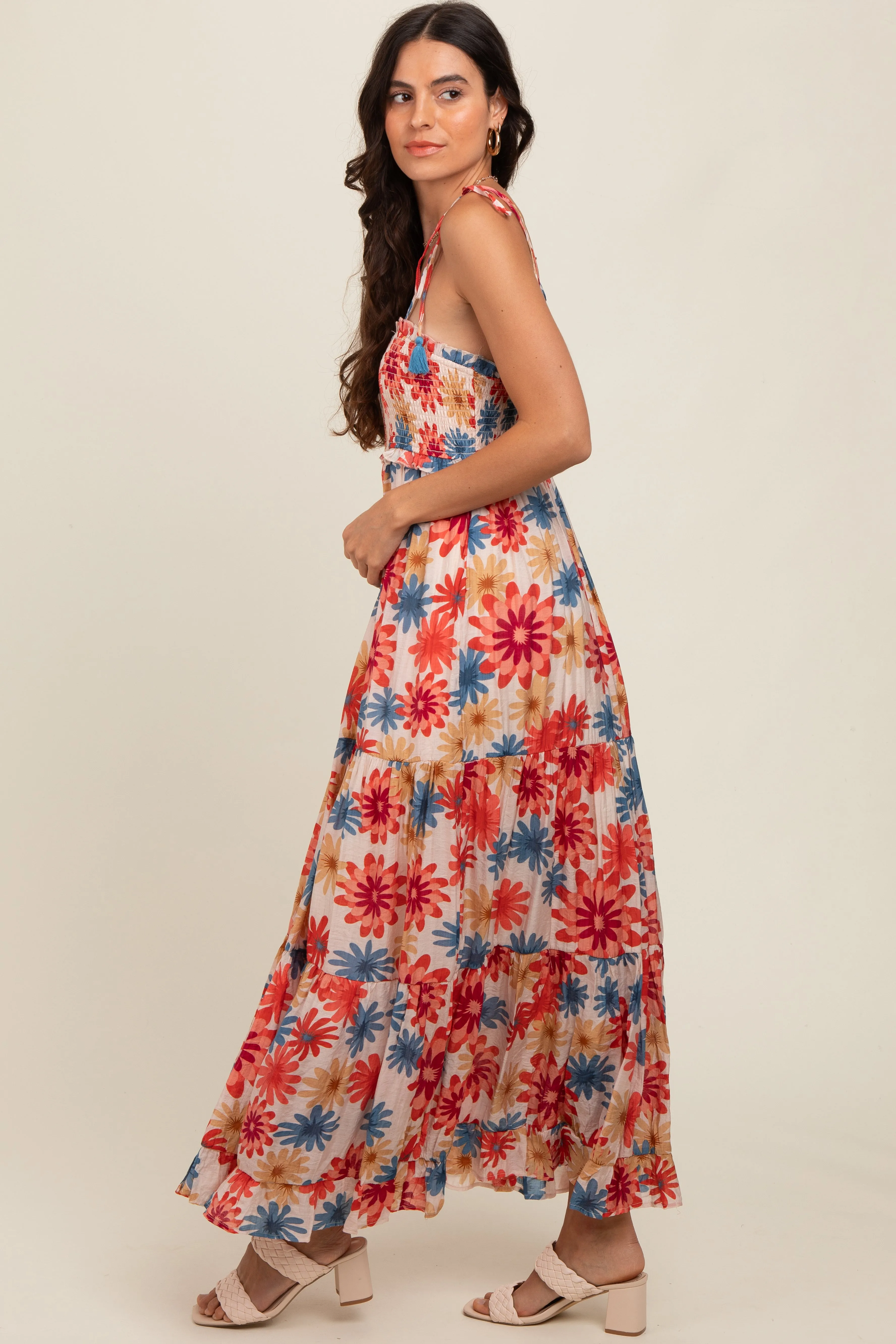 Coral Floral Smocked Shoulder Tie Maxi Dress sold by Pinkblush product image thumbnail 3