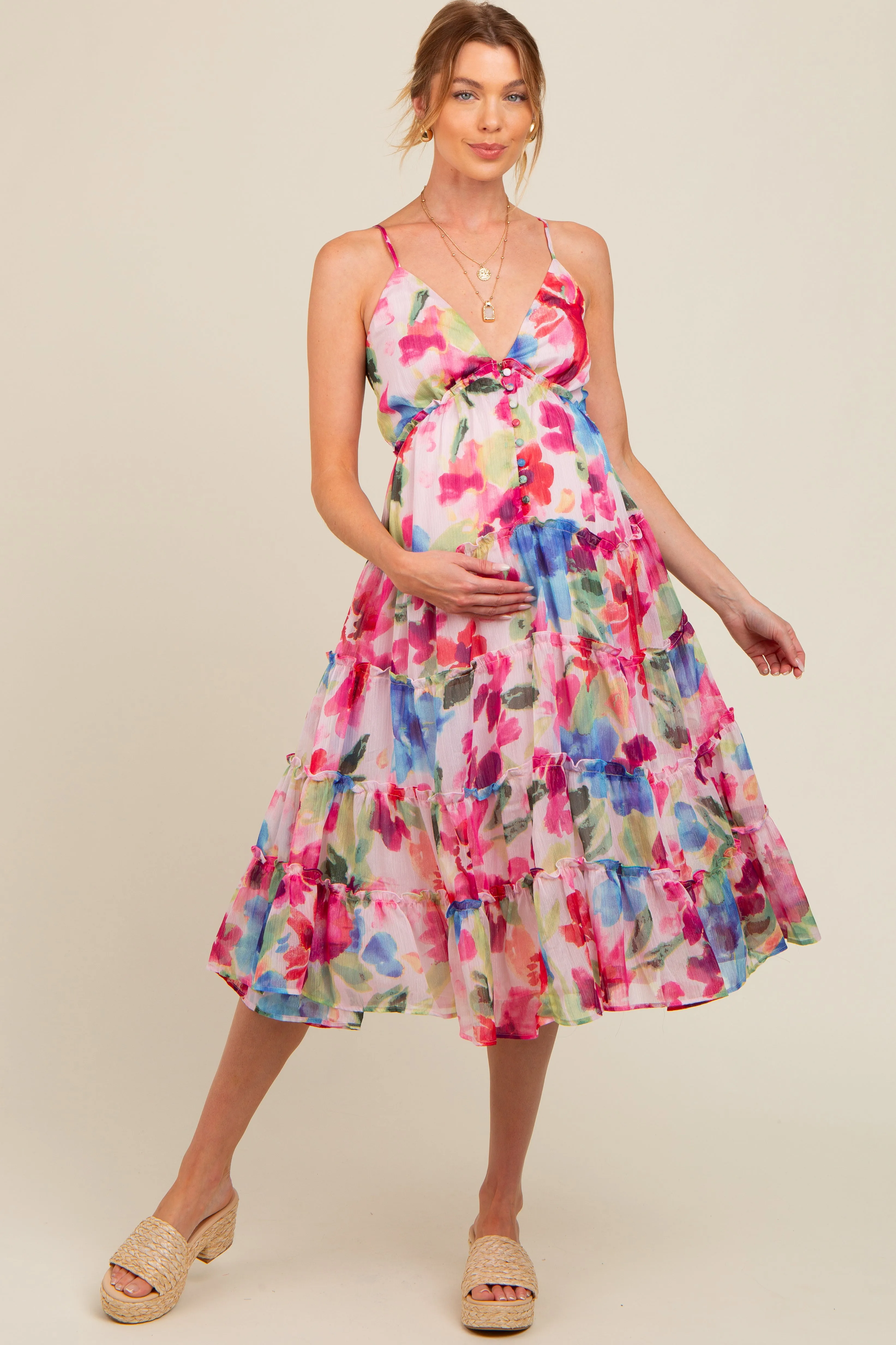 Pink Watercolor Deep V-Neck Tiered Maternity Midi Dress sold by Pinkblush product image thumbnail 3