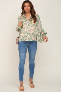 Green Floral Button Up Maternity Blouse sold by Pinkblush