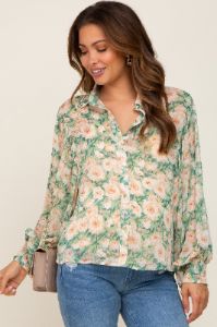 Green Floral Button Up Maternity Blouse sold by Pinkblush