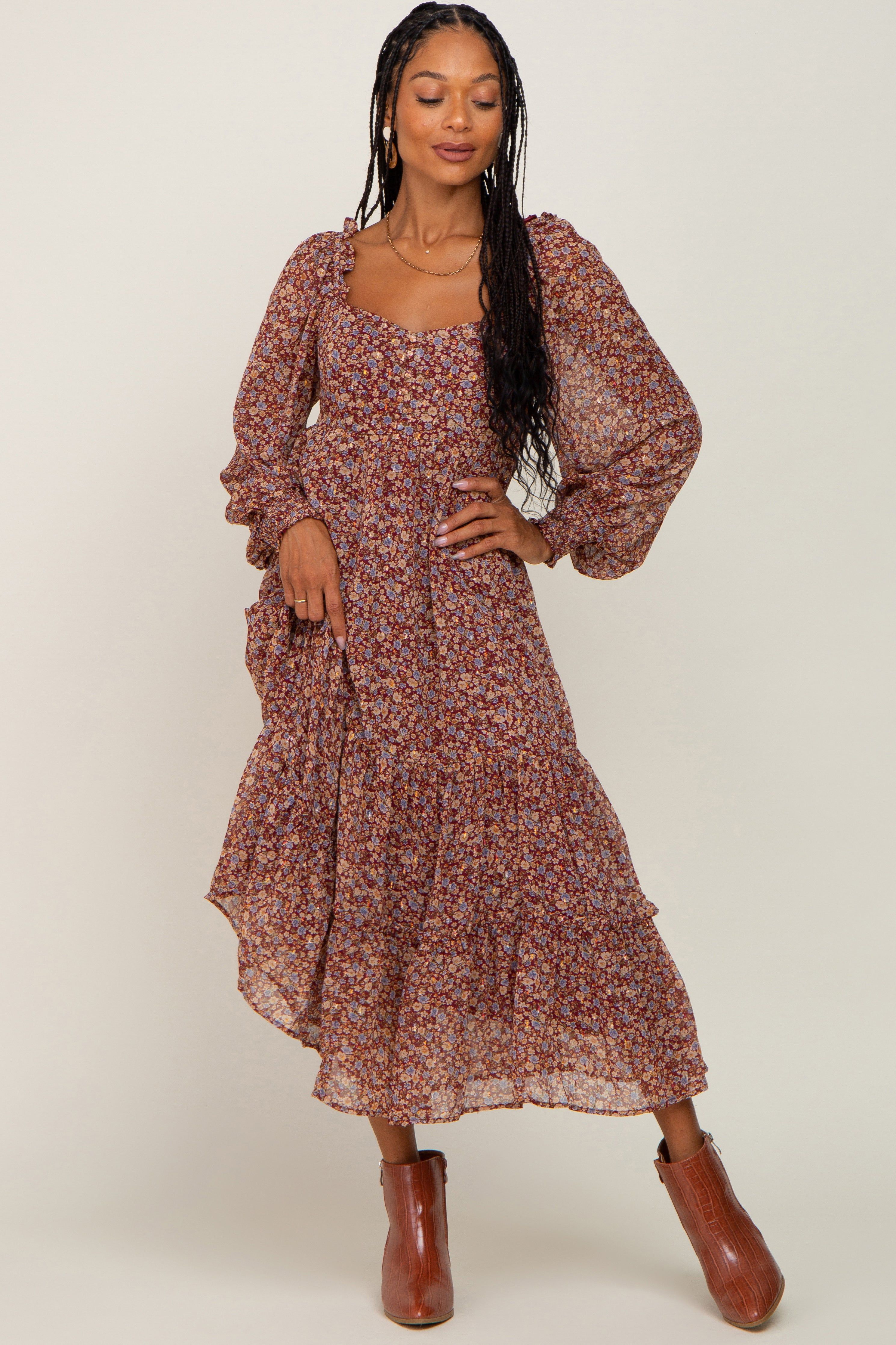 Floral Burgundy Ruffle Accent Midi Dress sold by Pinkblush