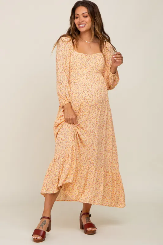 Yellow Floral Square Neck 3/4 Sleeve Maternity Midi Dress sold by Pinkblush