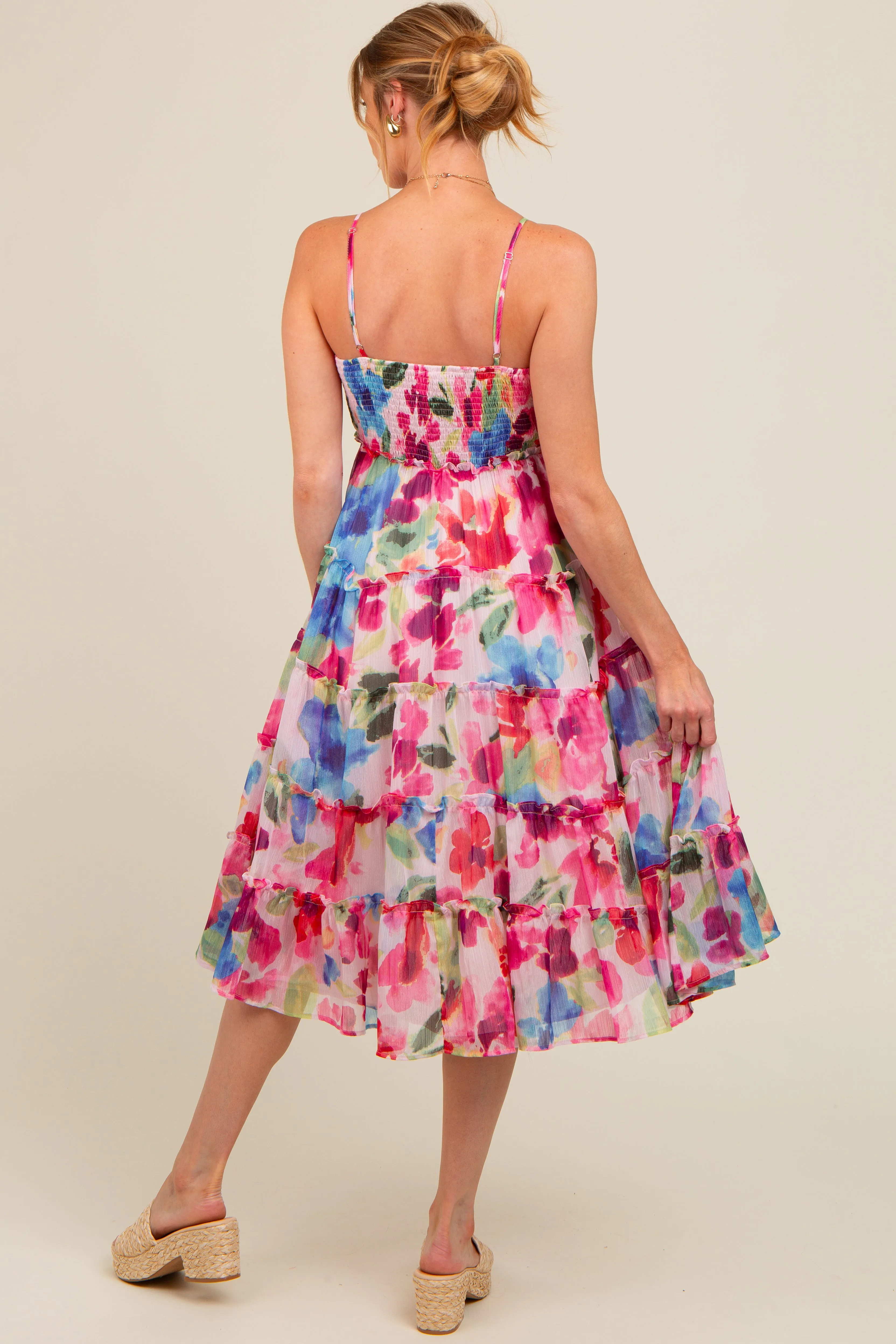 Pink Watercolor Deep V-Neck Tiered Maternity Midi Dress sold by Pinkblush product image thumbnail 4