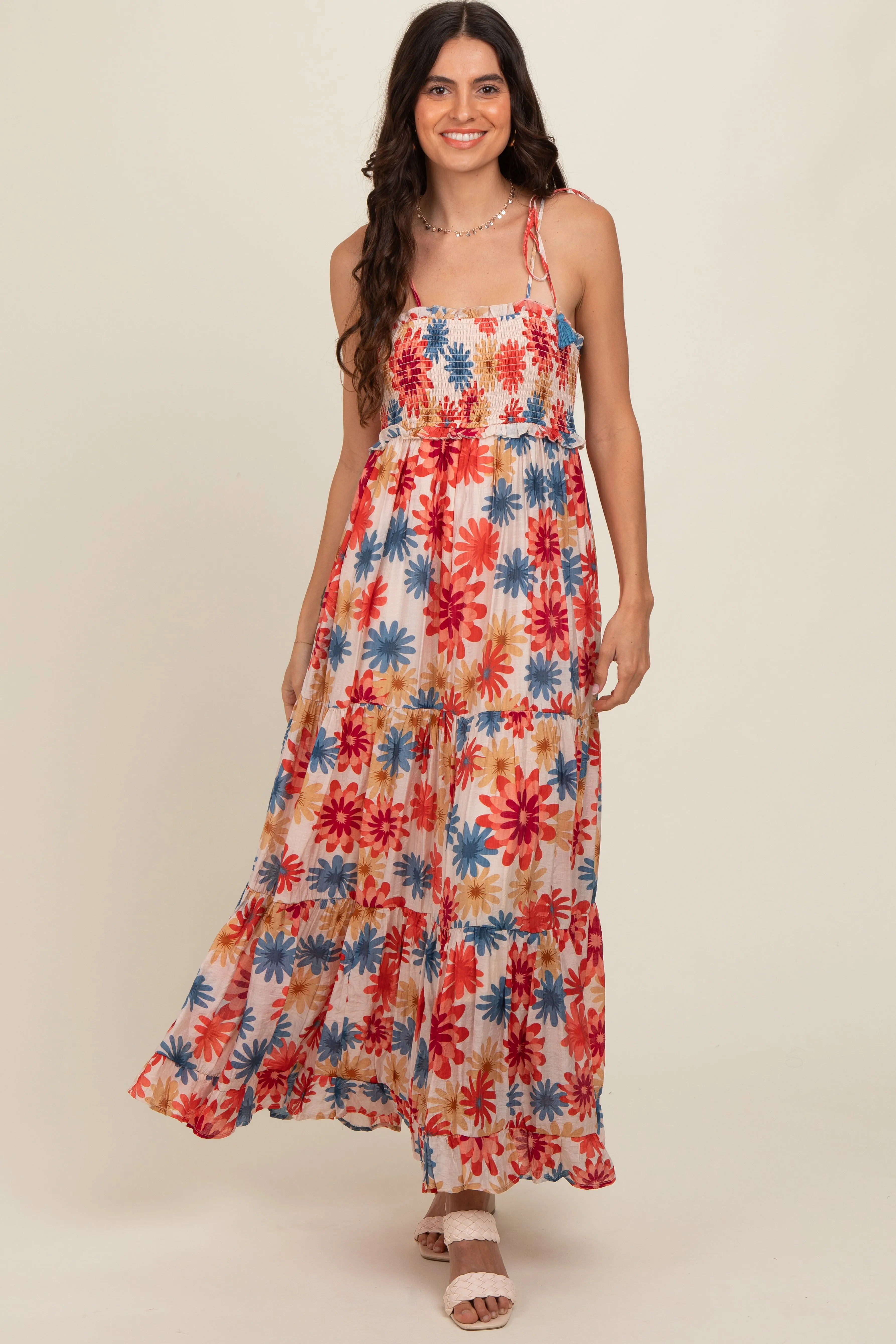 Coral Floral Smocked Shoulder Tie Maxi Dress sold by Pinkblush