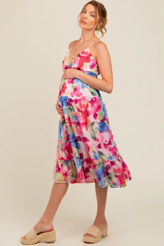 Pink Watercolor Deep V-Neck Tiered Maternity Midi Dress sold by Pinkblush