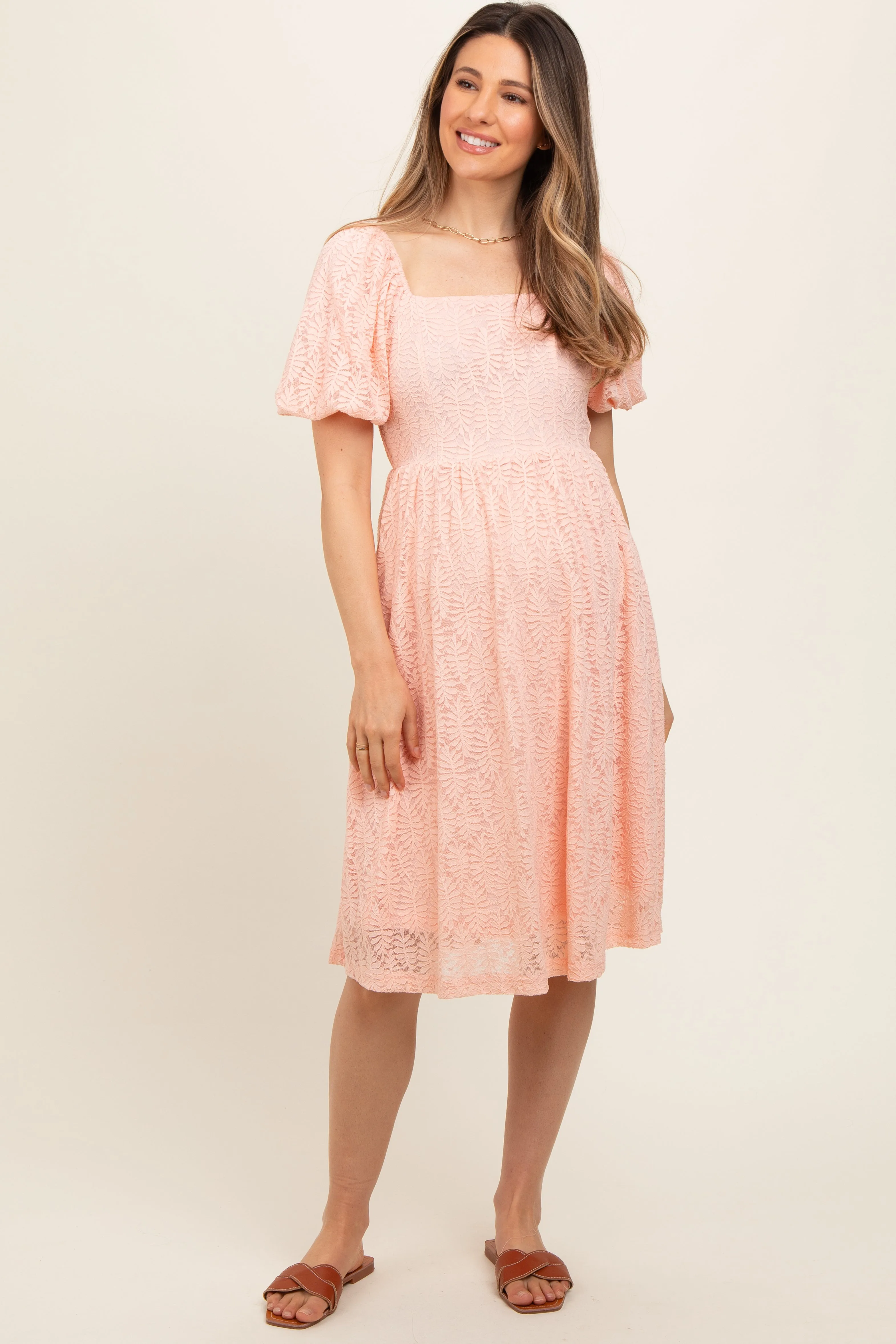Peach Lace Square Neck Maternity Dress sold by Pinkblush