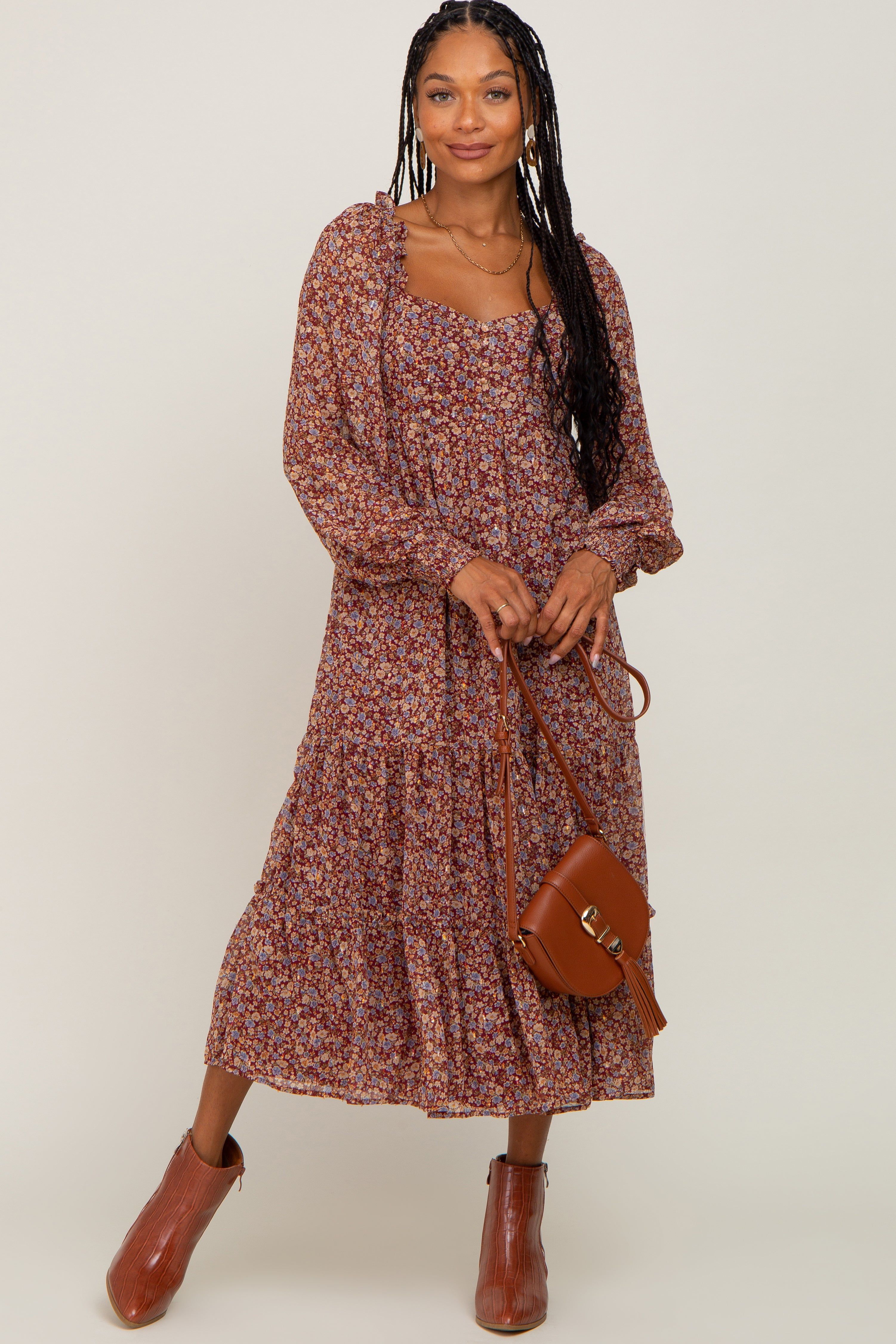 Floral Burgundy Ruffle Accent Midi Dress sold by Pinkblush product image thumbnail 5