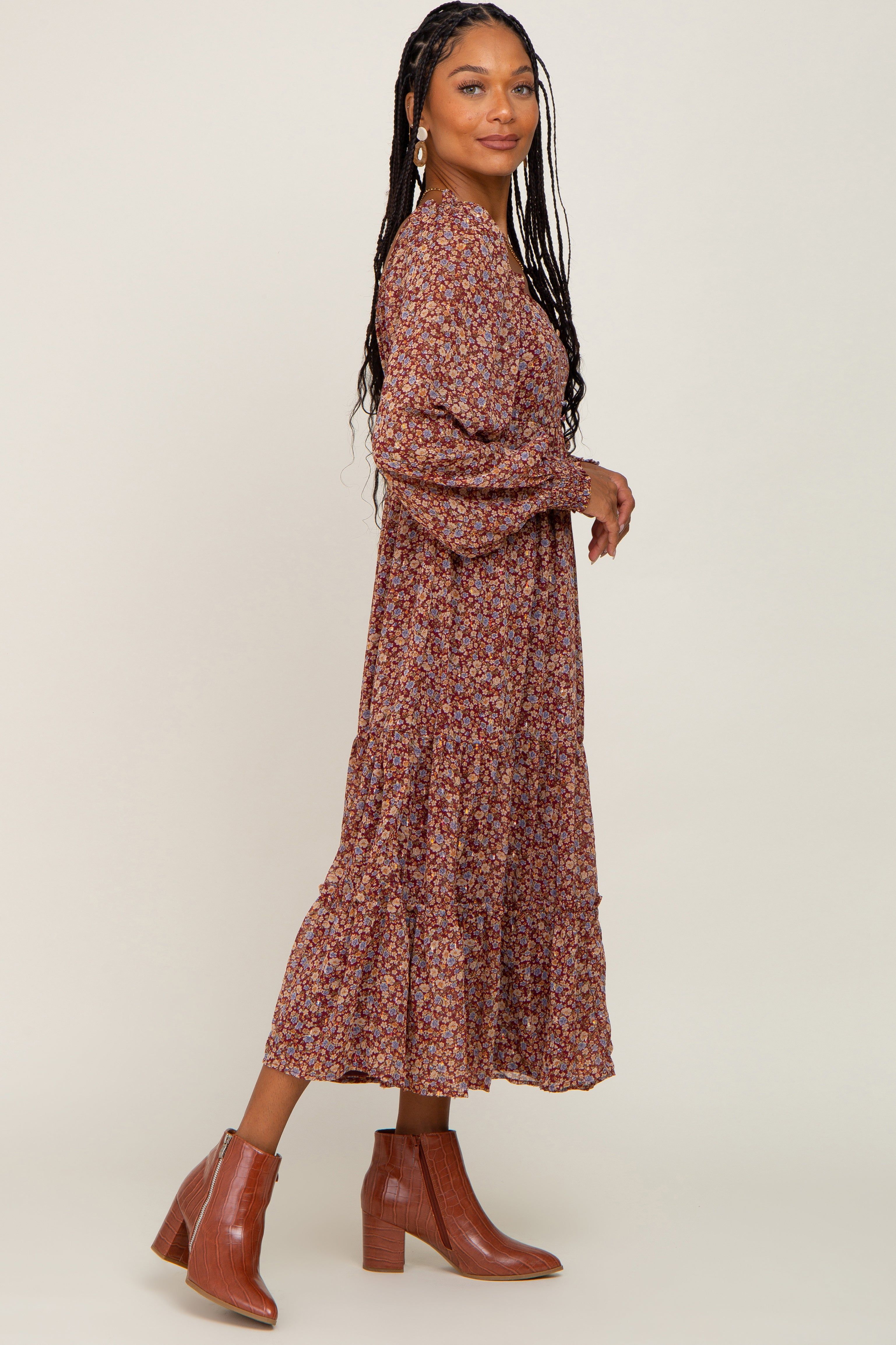 Floral Burgundy Ruffle Accent Midi Dress sold by Pinkblush product image thumbnail 2