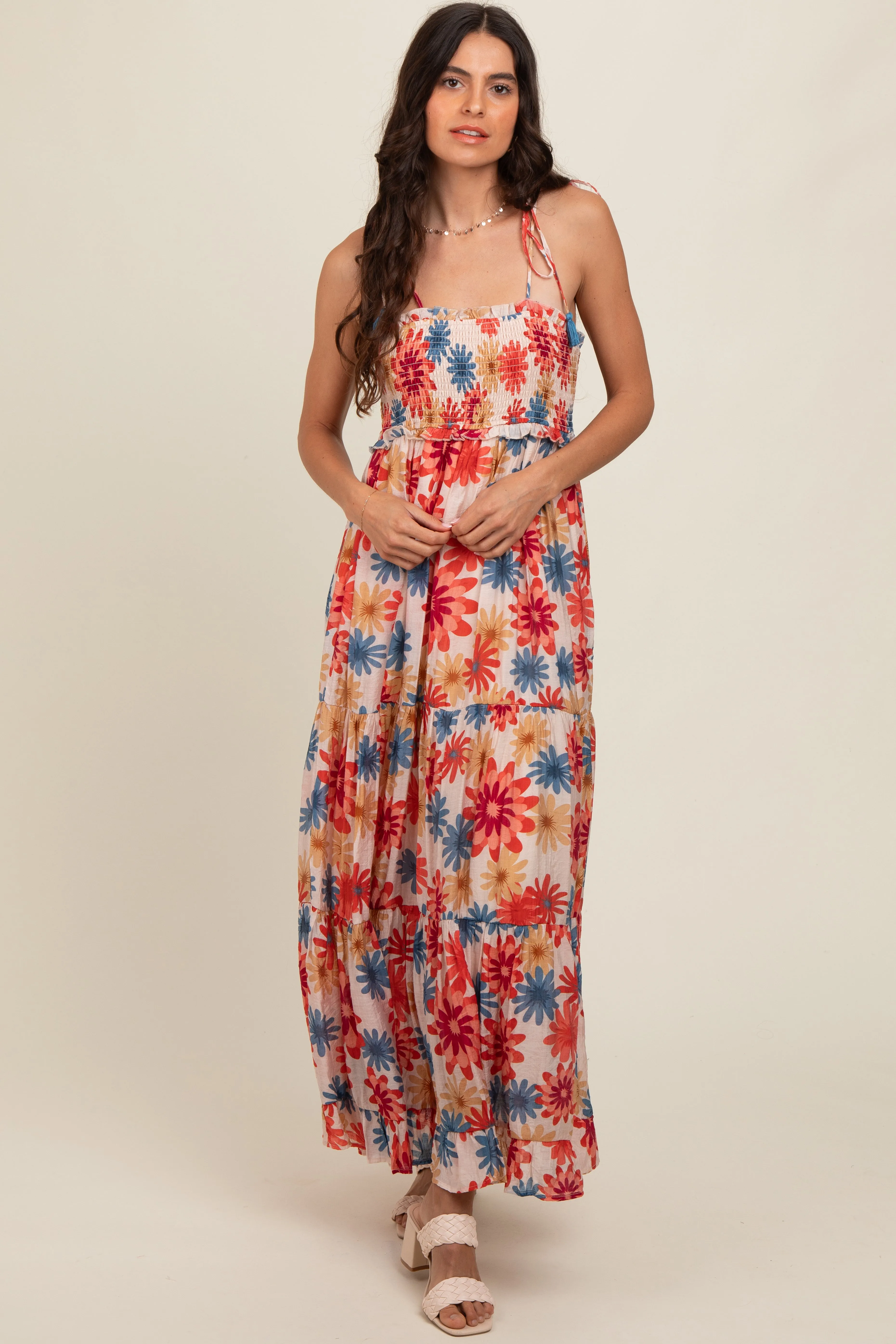 Coral Floral Smocked Shoulder Tie Maxi Dress sold by Pinkblush product image thumbnail 2