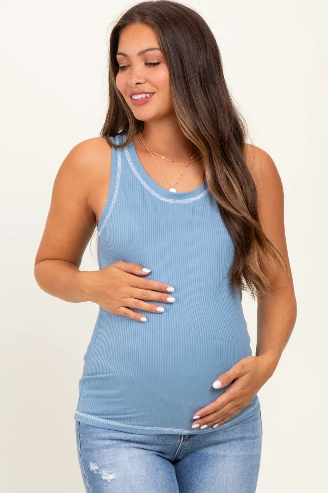 Blue Ribbed Contrast Stitch Maternity Tank Top sold by Pinkblush