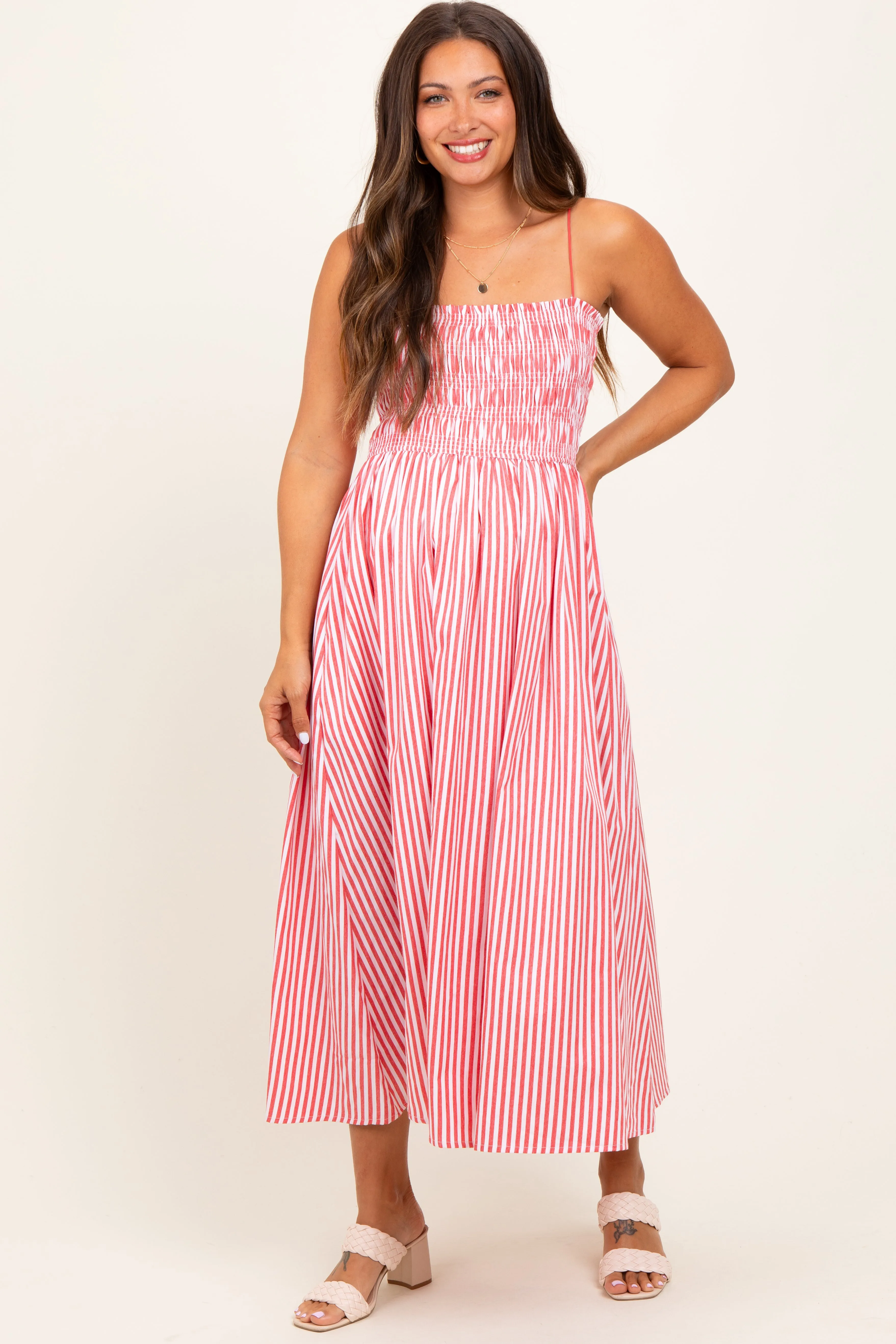 Red Striped Smocked Maternity Midi Dress sold by Pinkblush