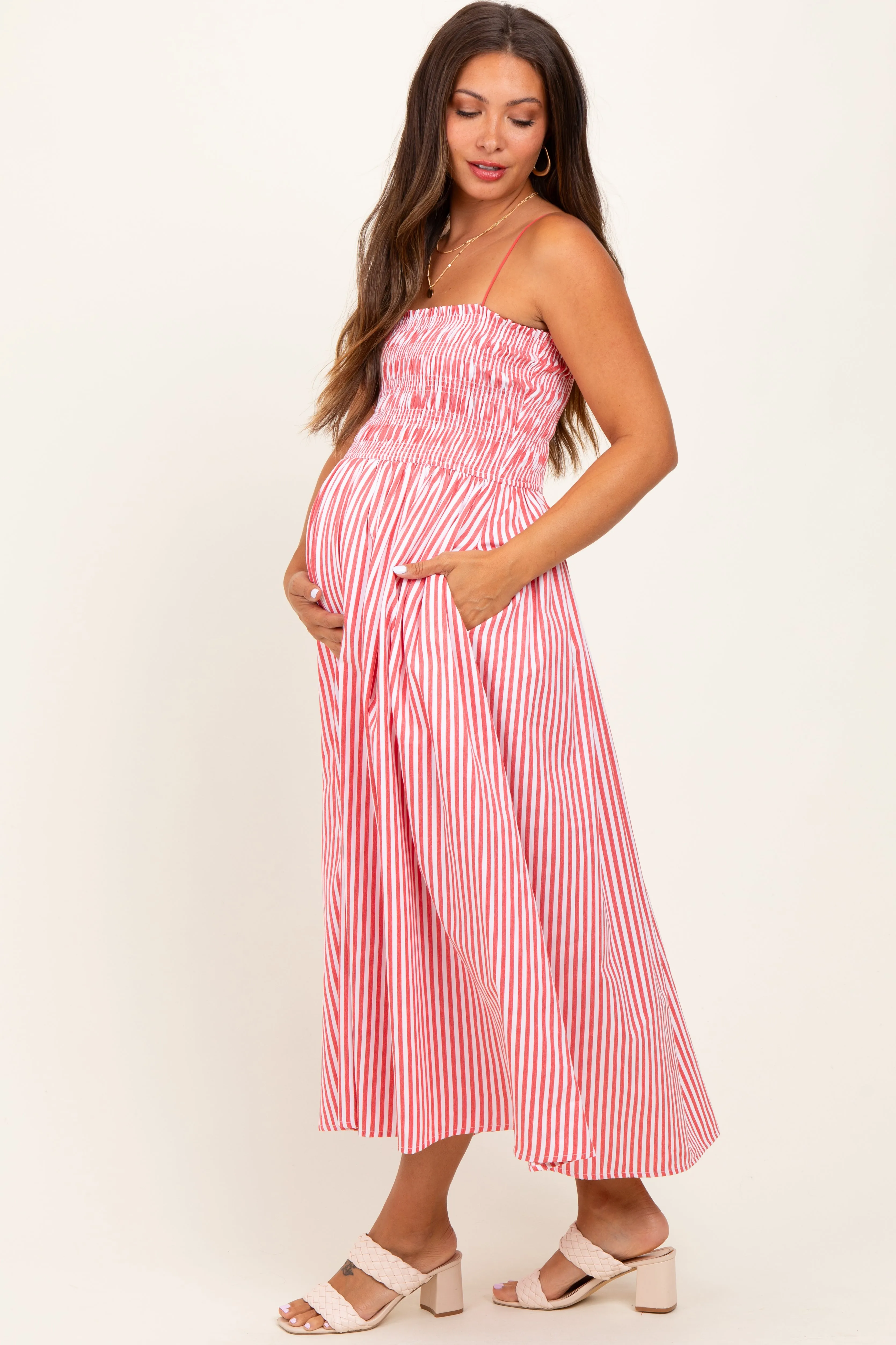 Red Striped Smocked Maternity Midi Dress sold by Pinkblush product image thumbnail 2