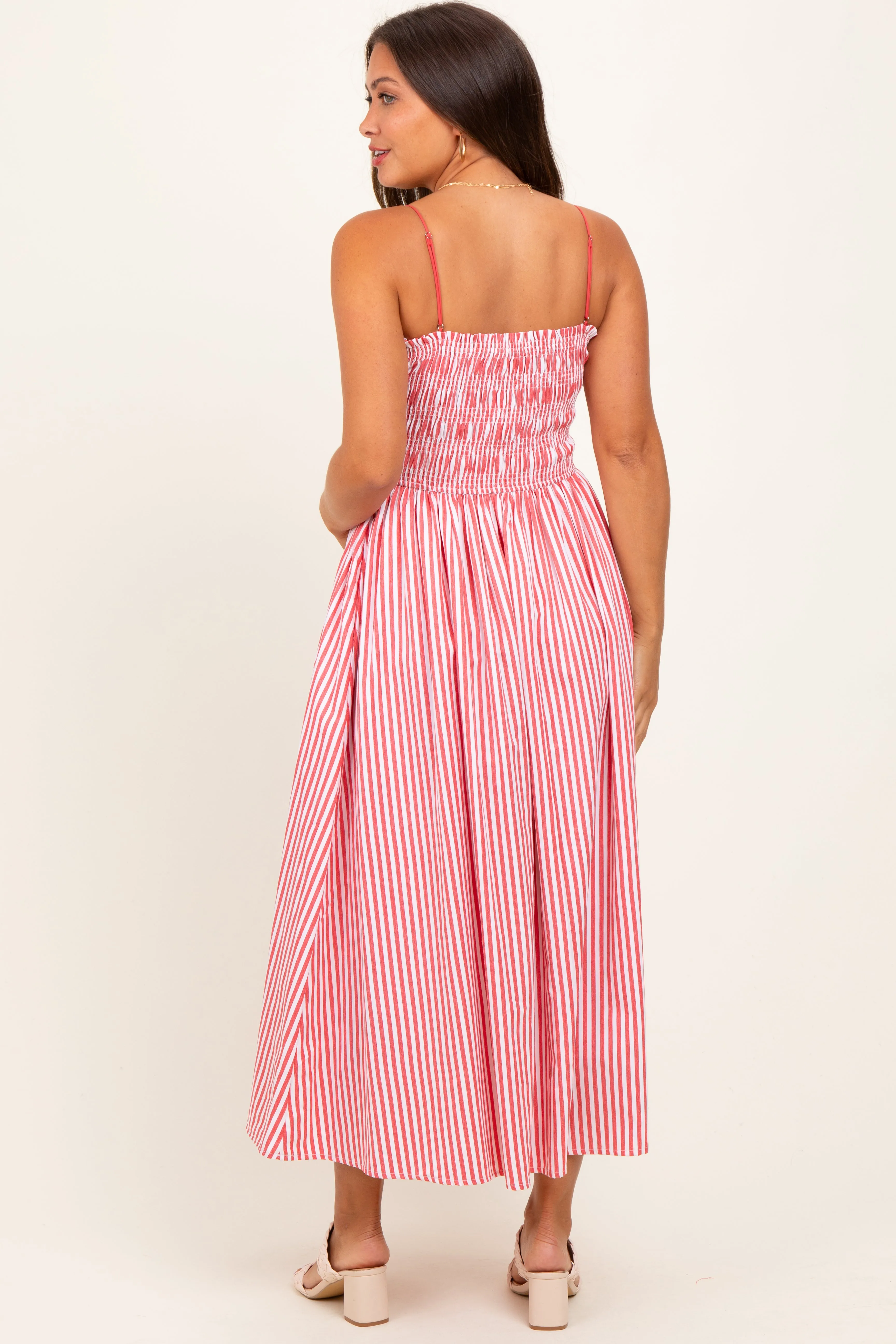 Red Striped Smocked Maternity Midi Dress sold by Pinkblush product image thumbnail 3