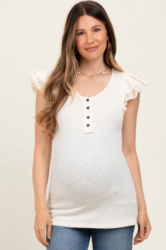 Cream Ruffle Crochet Sleeve Maternity Henley Top sold by Pinkblush