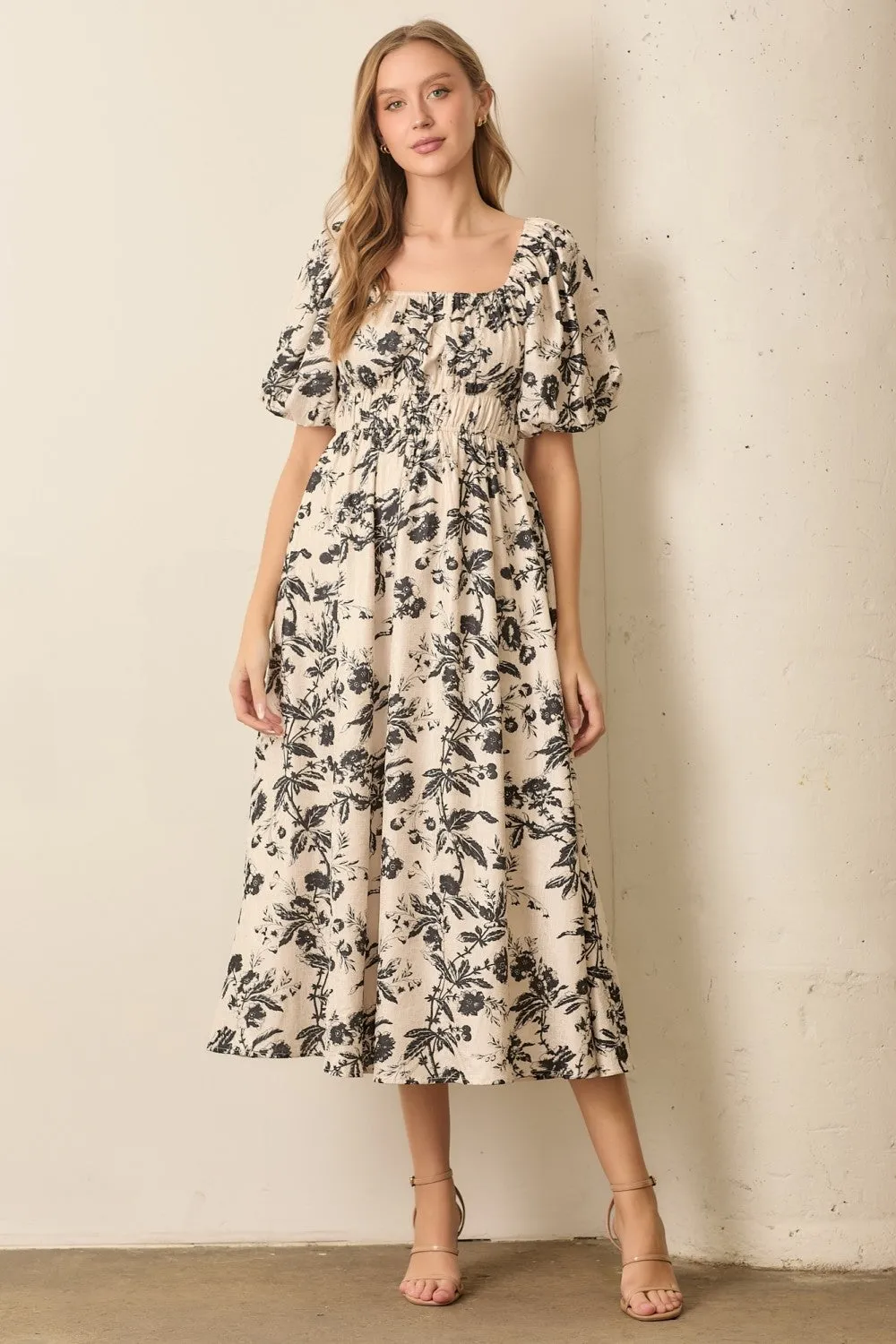 Cream Floral Puff Sleeve Smocked Waist Maternity Midi Dress sold by Pinkblush product image thumbnail 5
