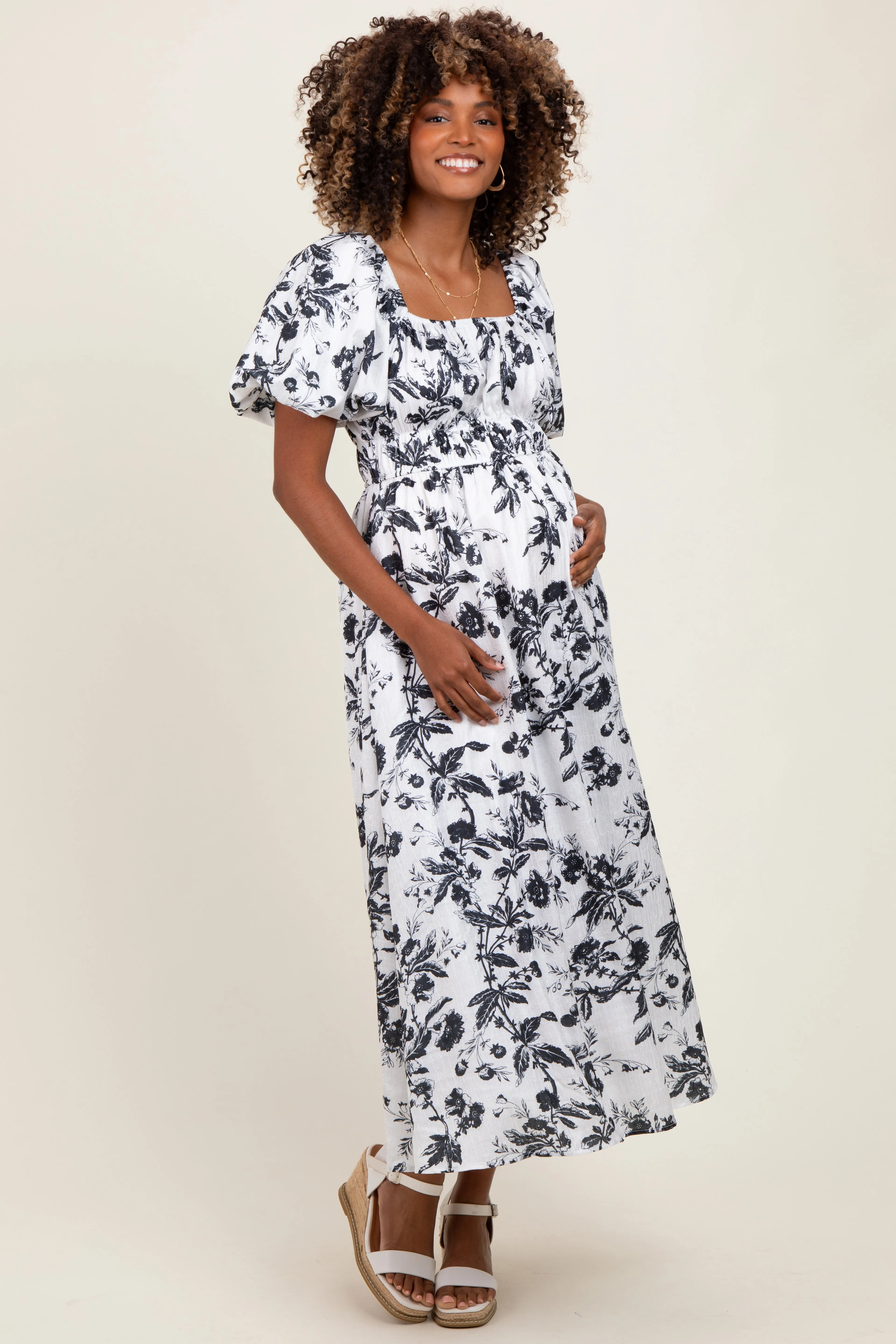 Cream Floral Puff Sleeve Smocked Waist Maternity Midi Dress sold by Pinkblush product image thumbnail 2