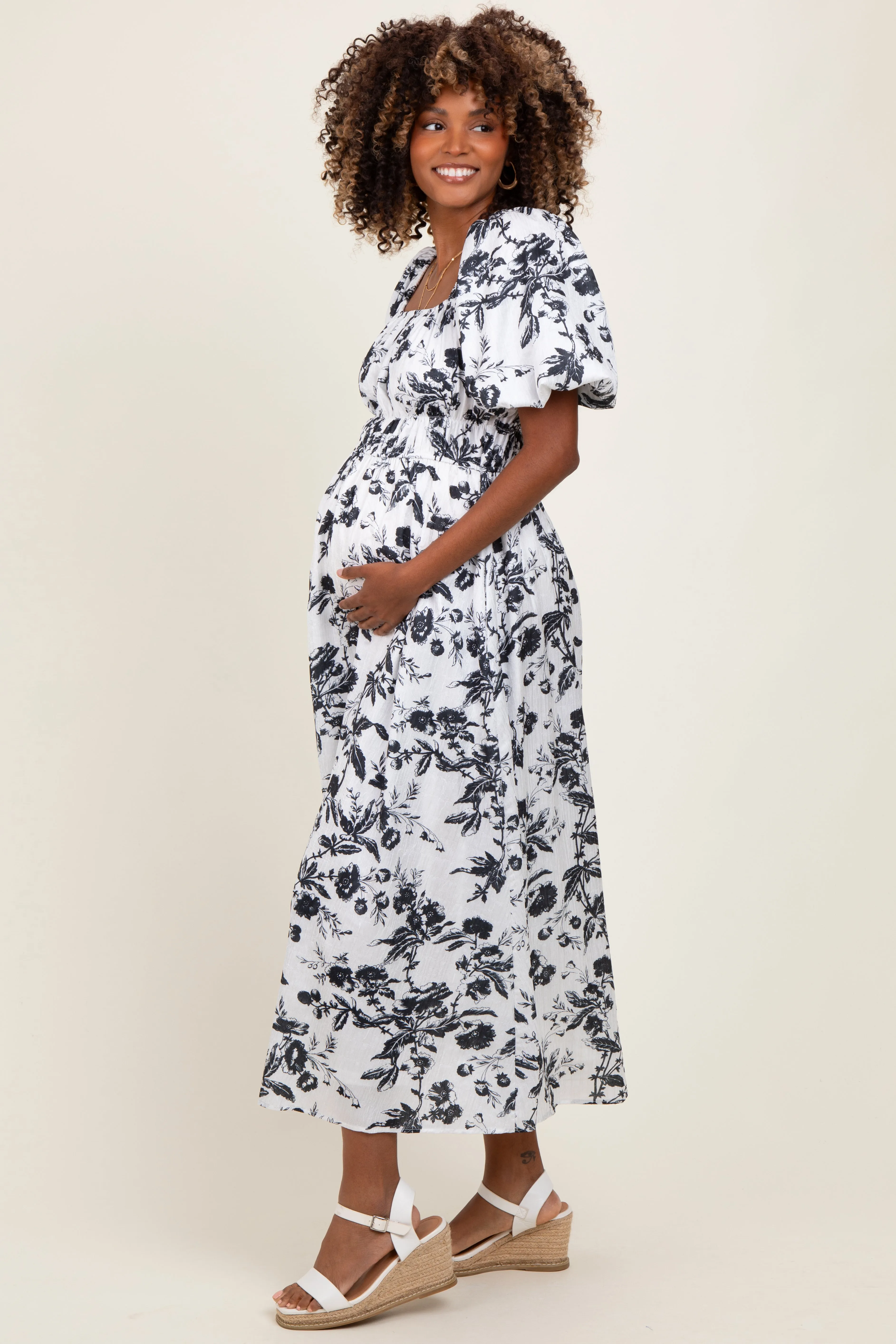 Cream Floral Puff Sleeve Smocked Waist Maternity Midi Dress sold by Pinkblush product image thumbnail 3