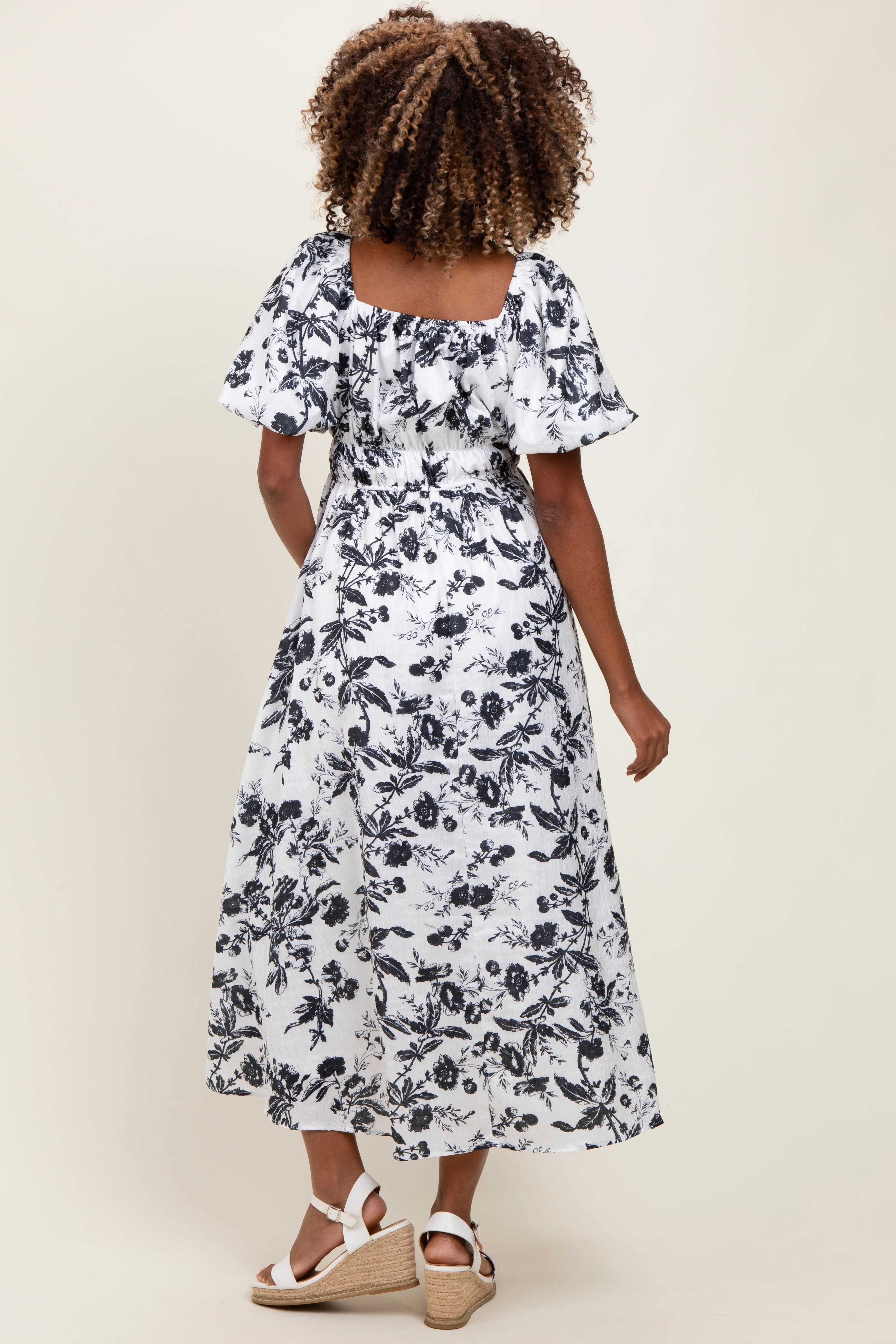 Cream Floral Puff Sleeve Smocked Waist Maternity Midi Dress sold by Pinkblush product image thumbnail 4