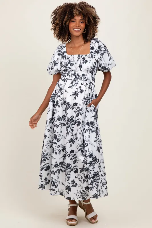 Cream Floral Puff Sleeve Smocked Waist Maternity Midi Dress sold by Pinkblush