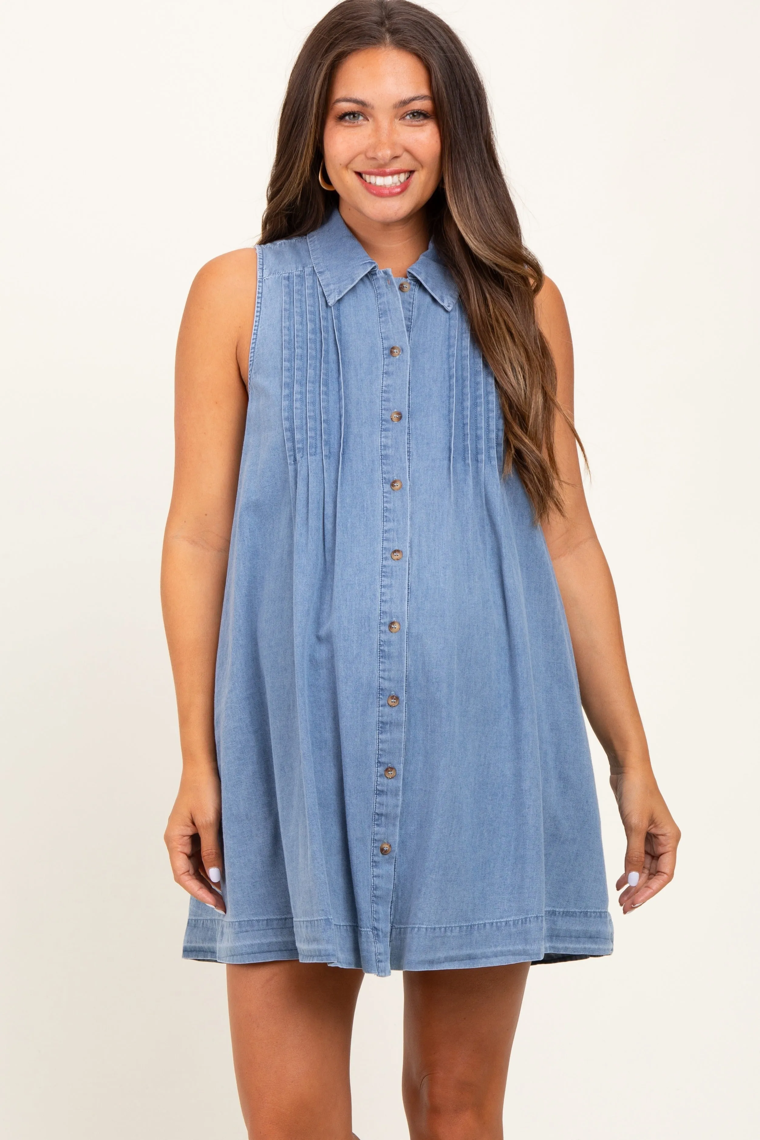 Blue Chambray Pleat Detail Sleeveless Maternity Shirt Dress sold by Pinkblush