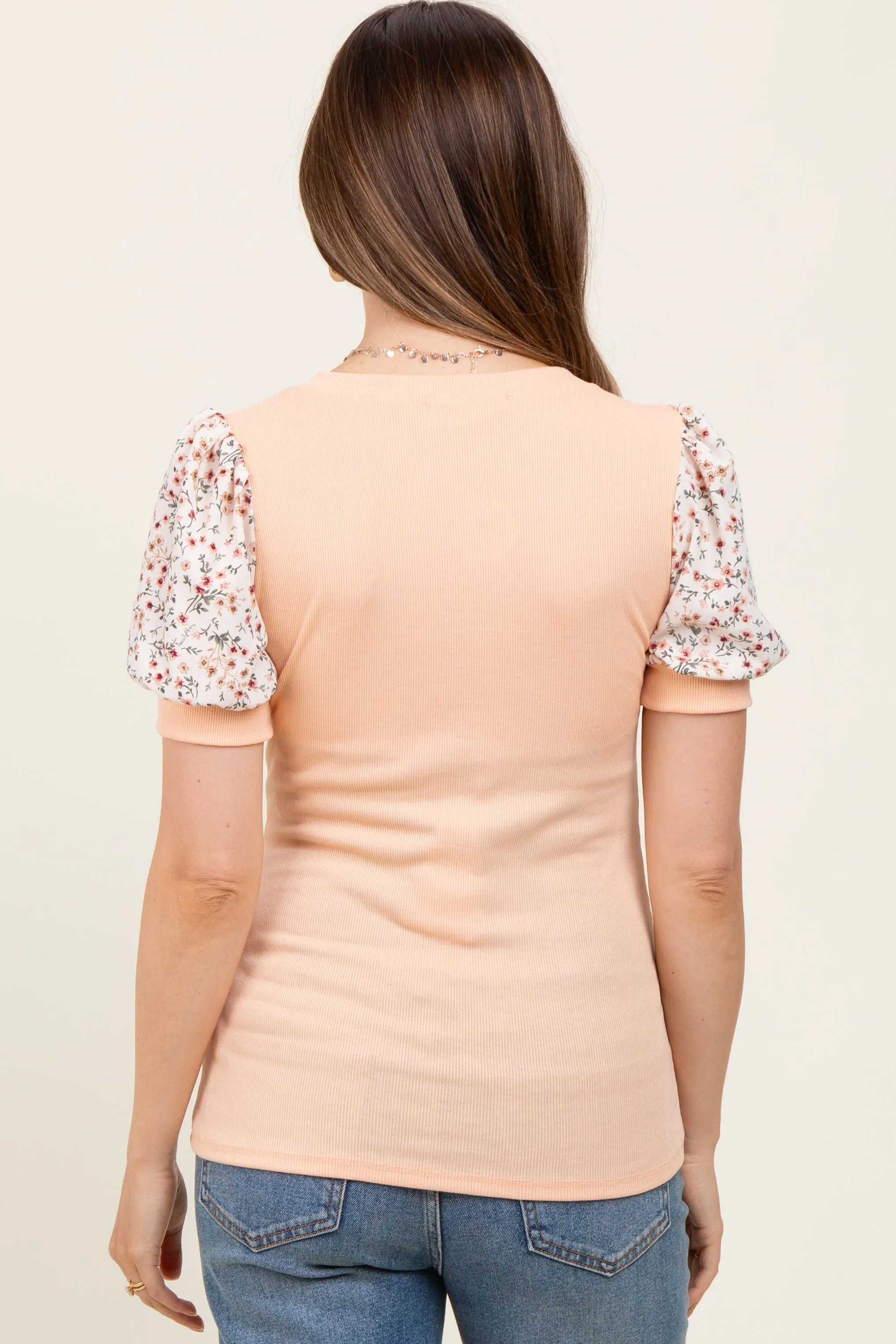 Peach Contrast Floral Puff Sleeve Maternity Top sold by Pinkblush product image thumbnail 3