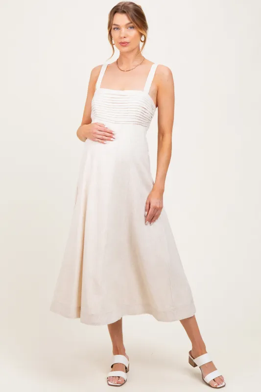 Cream Pleated Bodice Maternity Midi Dress sold by Pinkblush