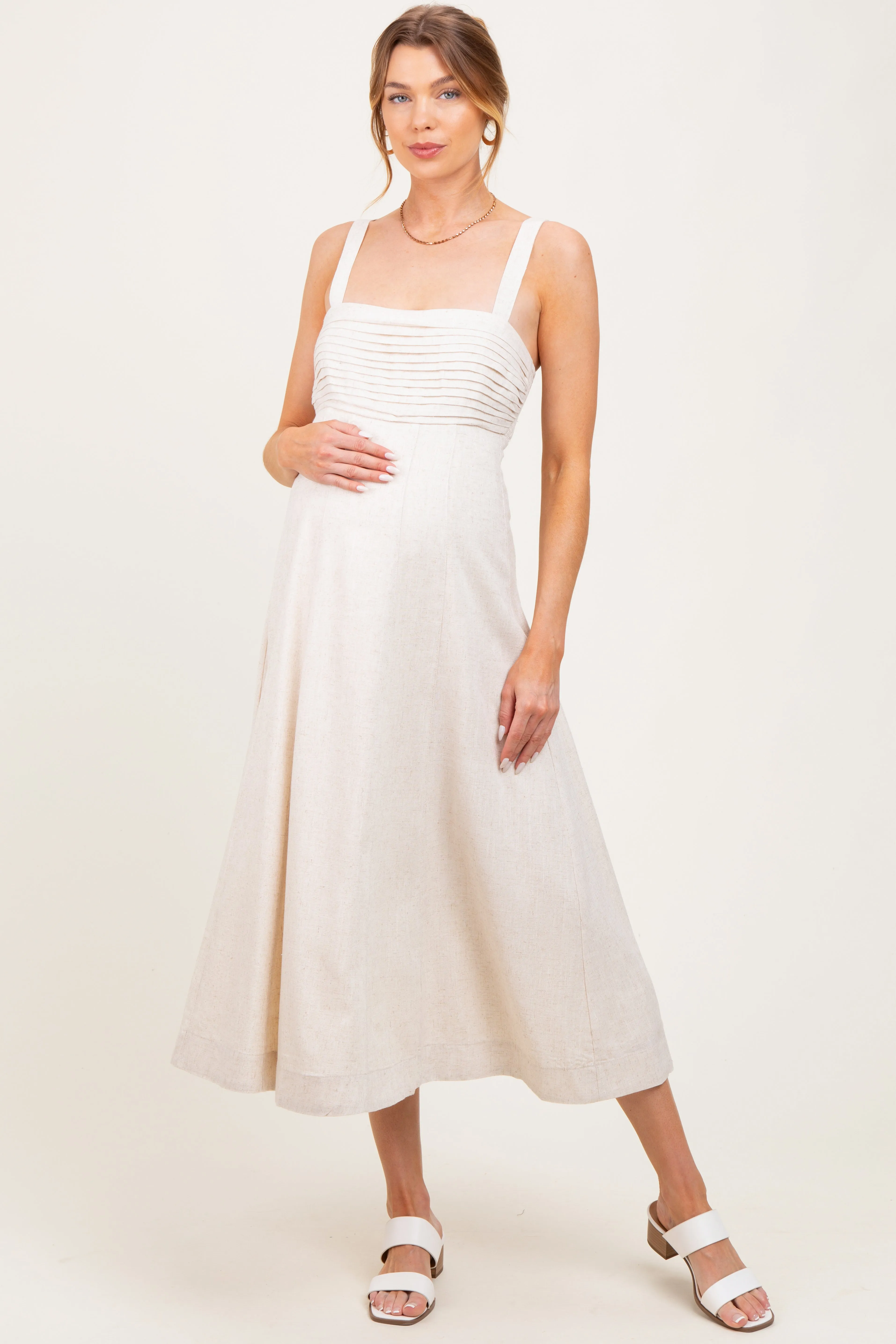 Cream Pleated Bodice Maternity Midi Dress sold by Pinkblush