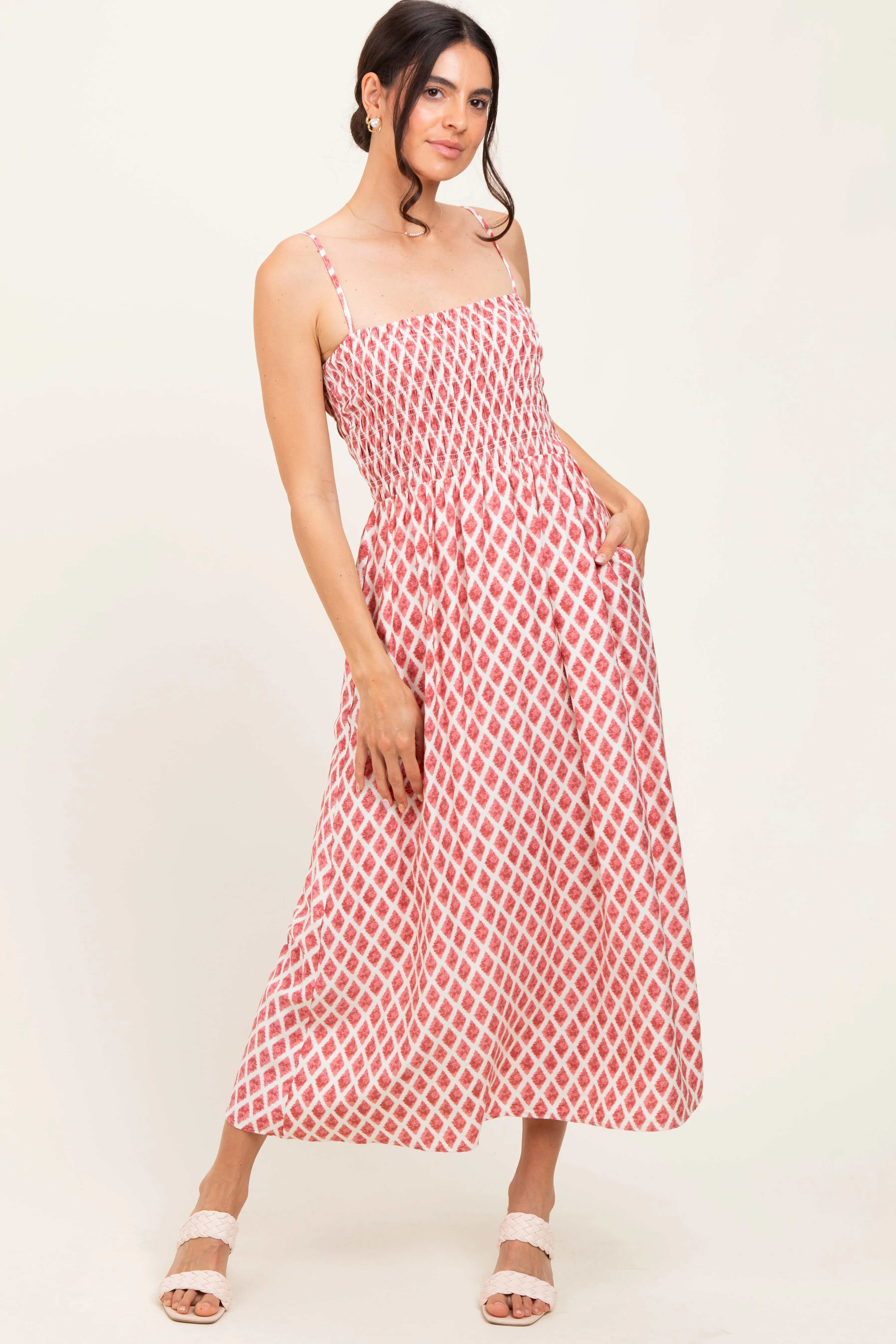 Pink Diamond Print Smocked Maternity Midi Dress sold by Pinkblush product image thumbnail 4