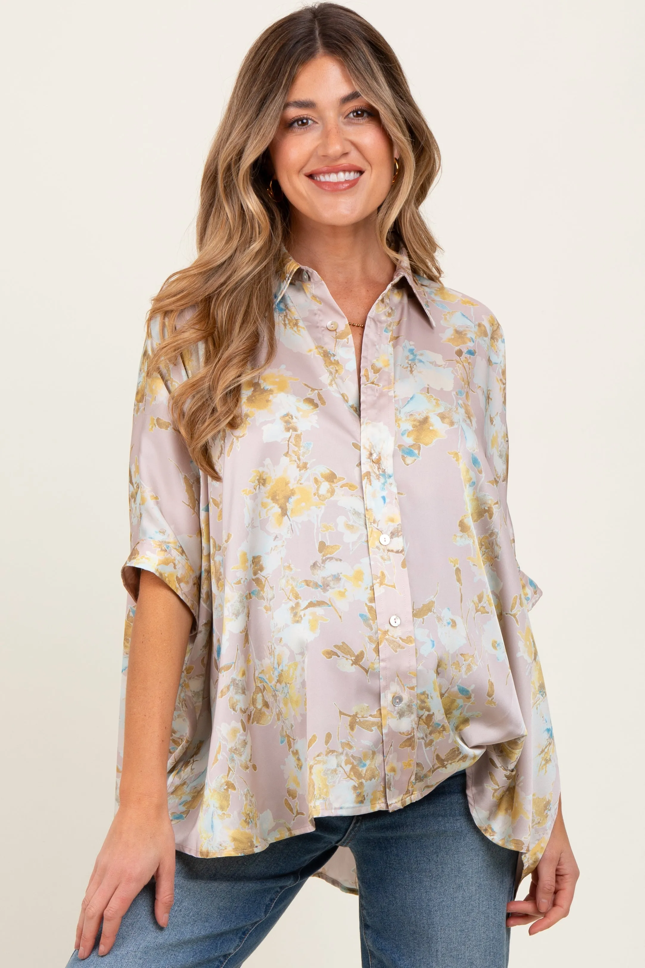 Light Pink Floral Boxy Fit Maternity Short Sleeve Blouse sold by Pinkblush