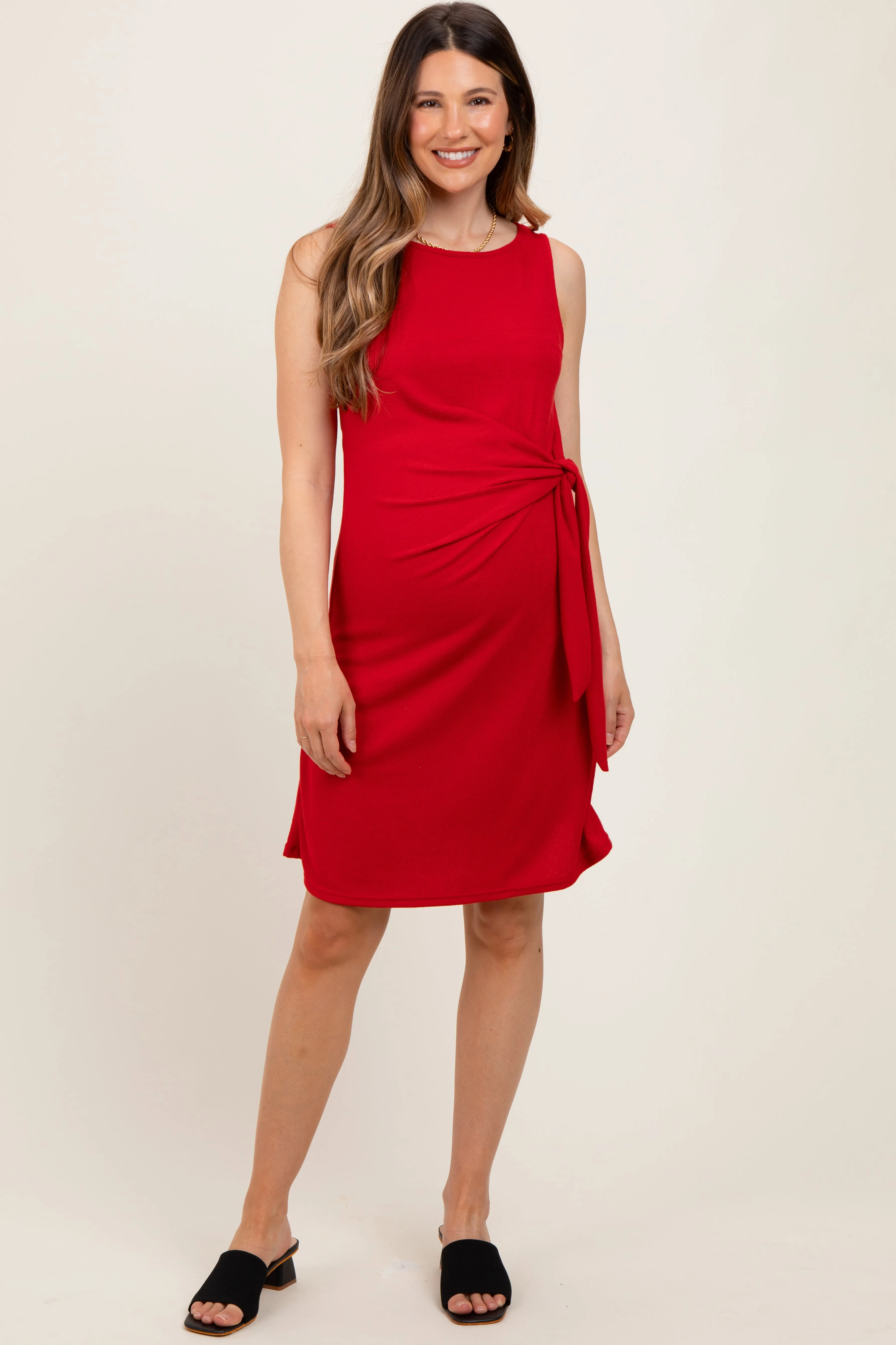 Red Boat Neck Sleeveless Side Tie Maternity Mini Dress sold by Pinkblush
