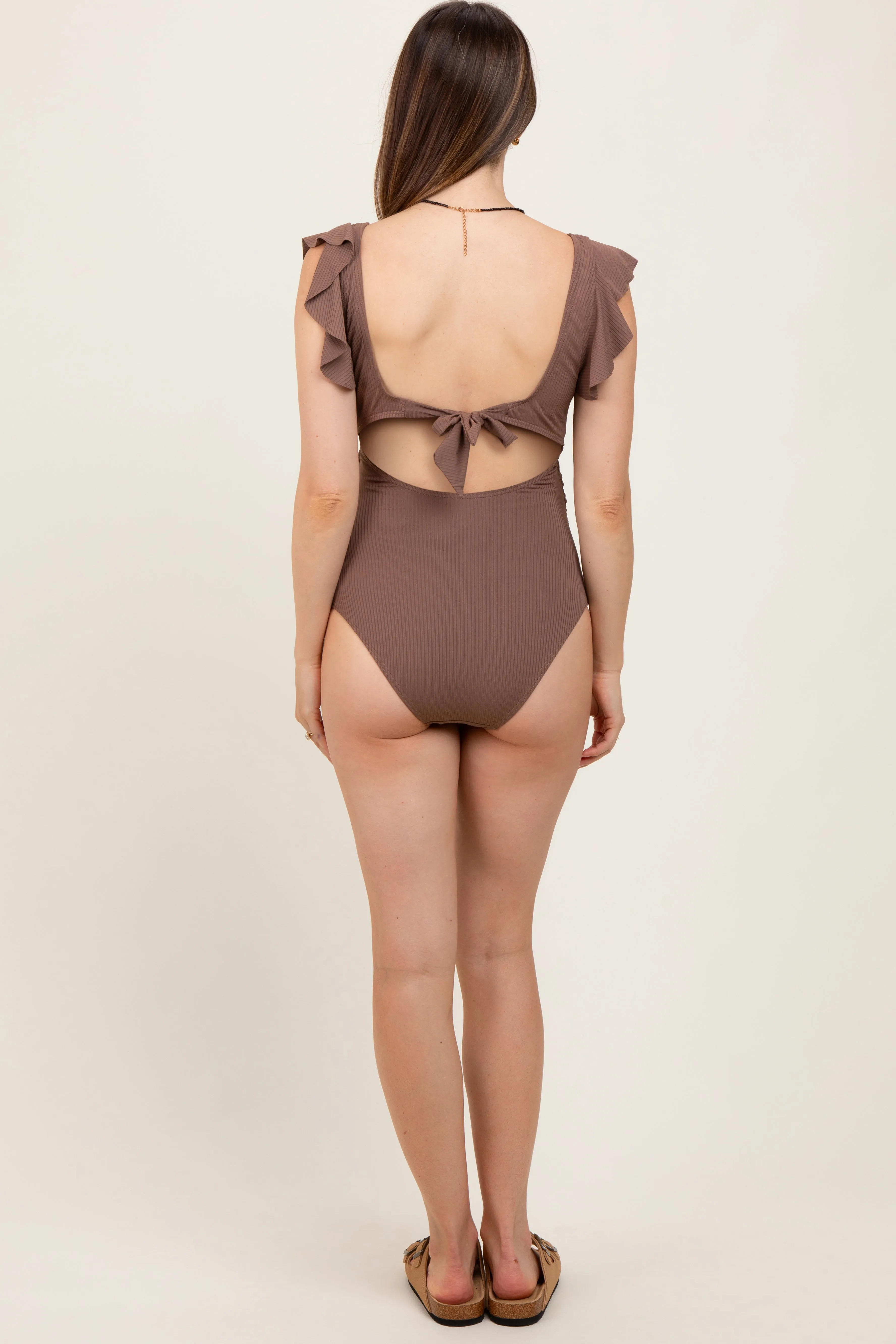 Mocha Ribbed Cutout Flutter One Piece Maternity Swimsuit sold by Pinkblush product image thumbnail 2