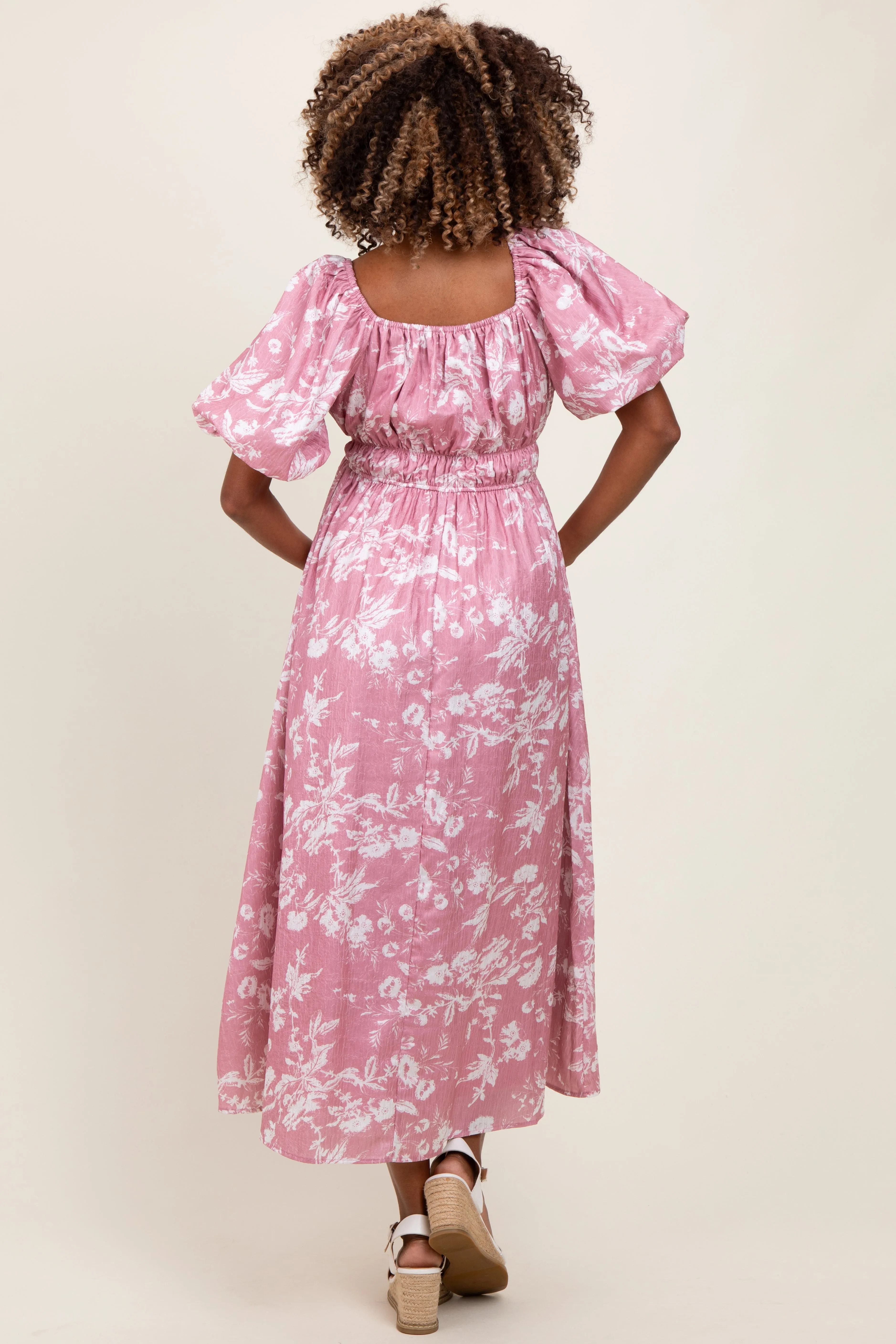 Pink Floral Puff Sleeve Smocked Waist Maternity Midi Dress sold by Pinkblush product image thumbnail 4
