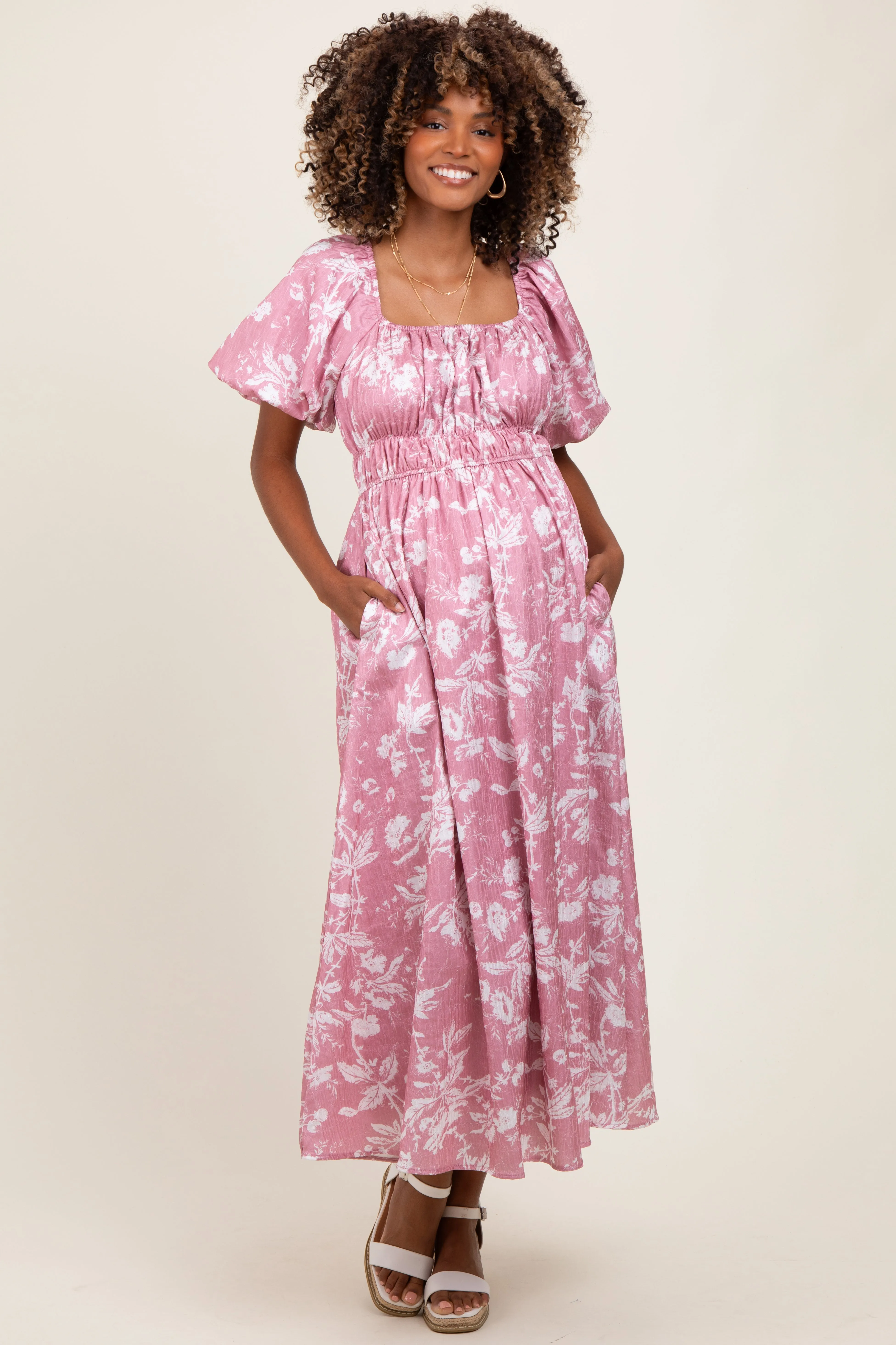 Pink Floral Puff Sleeve Smocked Waist Maternity Midi Dress sold by Pinkblush