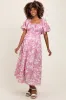 Pink Floral Puff Sleeve Smocked Waist Maternity Midi Dress sold by Pinkblush