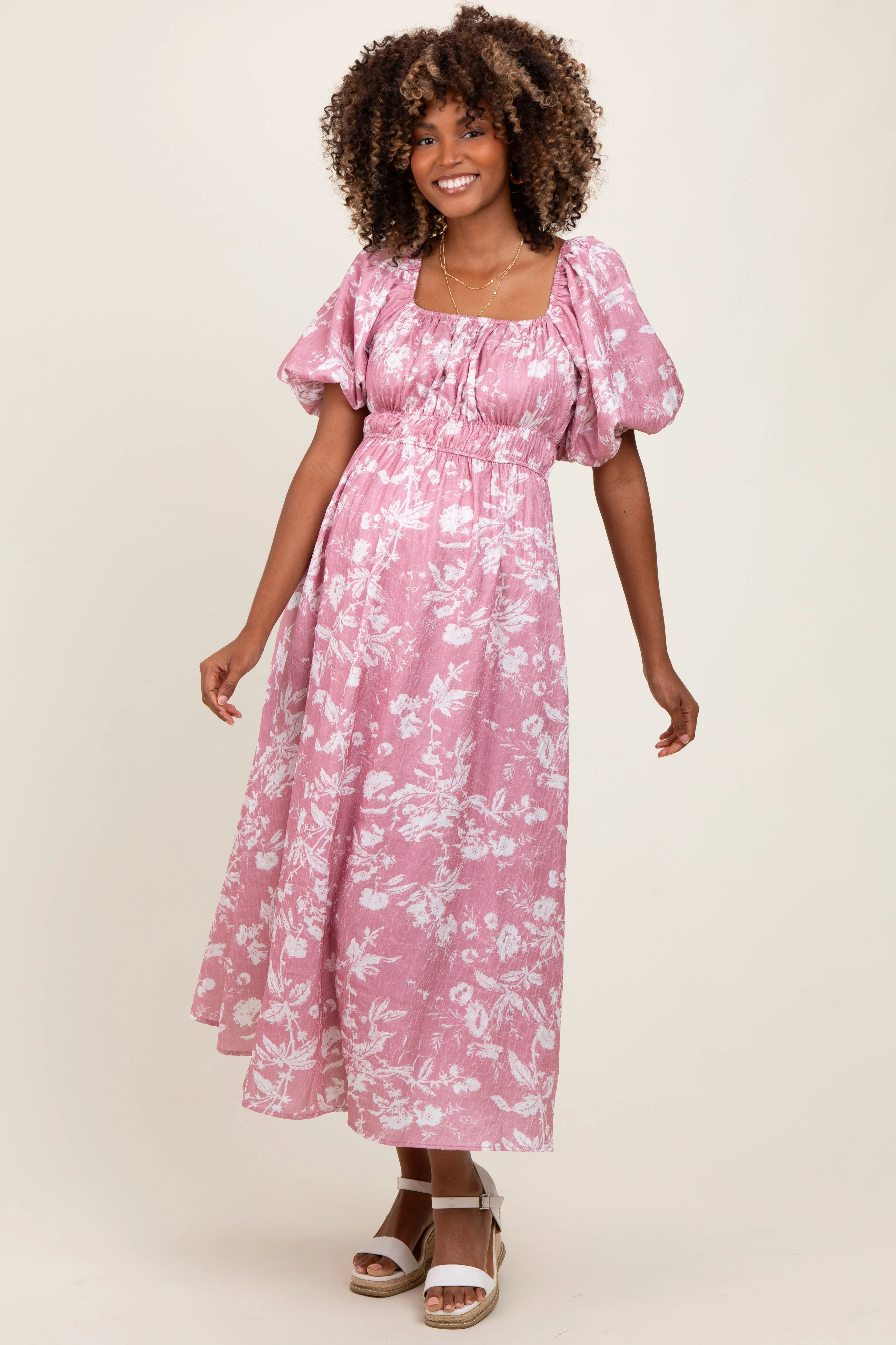 Pink Floral Puff Sleeve Smocked Waist Maternity Midi Dress sold by Pinkblush product image thumbnail 2