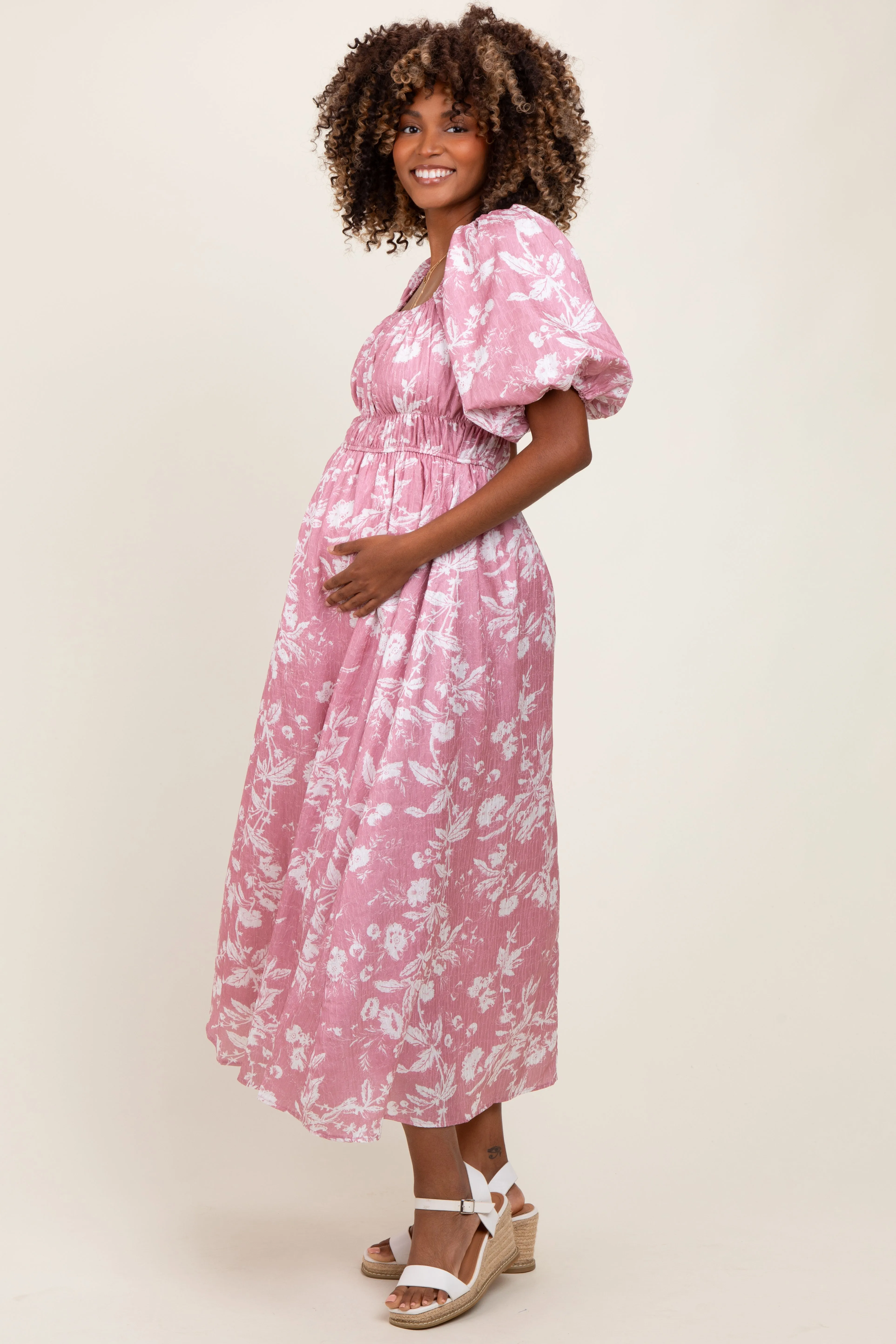 Pink Floral Puff Sleeve Smocked Waist Maternity Midi Dress sold by Pinkblush product image thumbnail 3