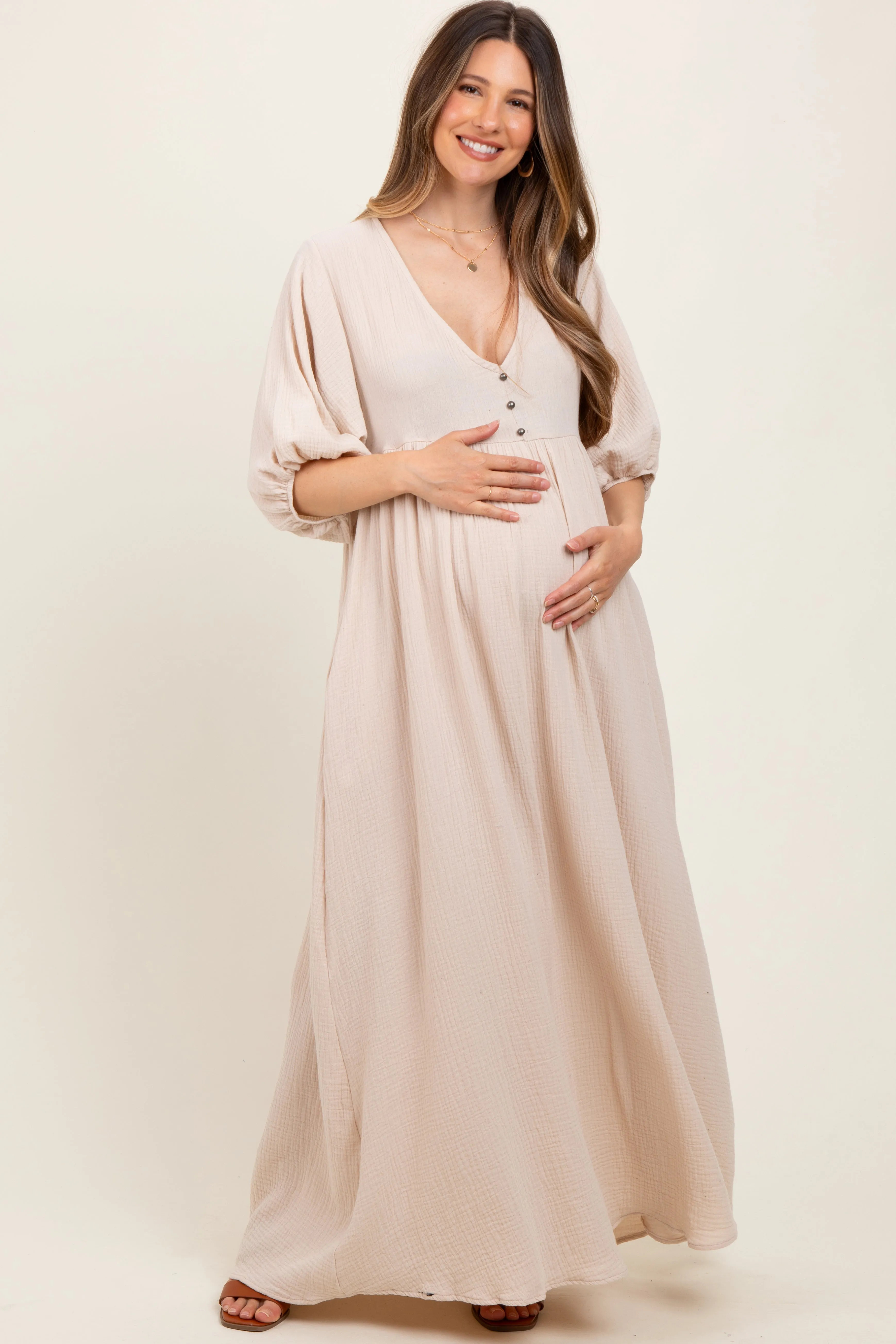 Beige Solid Woven Elbow Sleeve V-Neck Button Down Maternity Maxi Dress sold by Pinkblush product image thumbnail 2