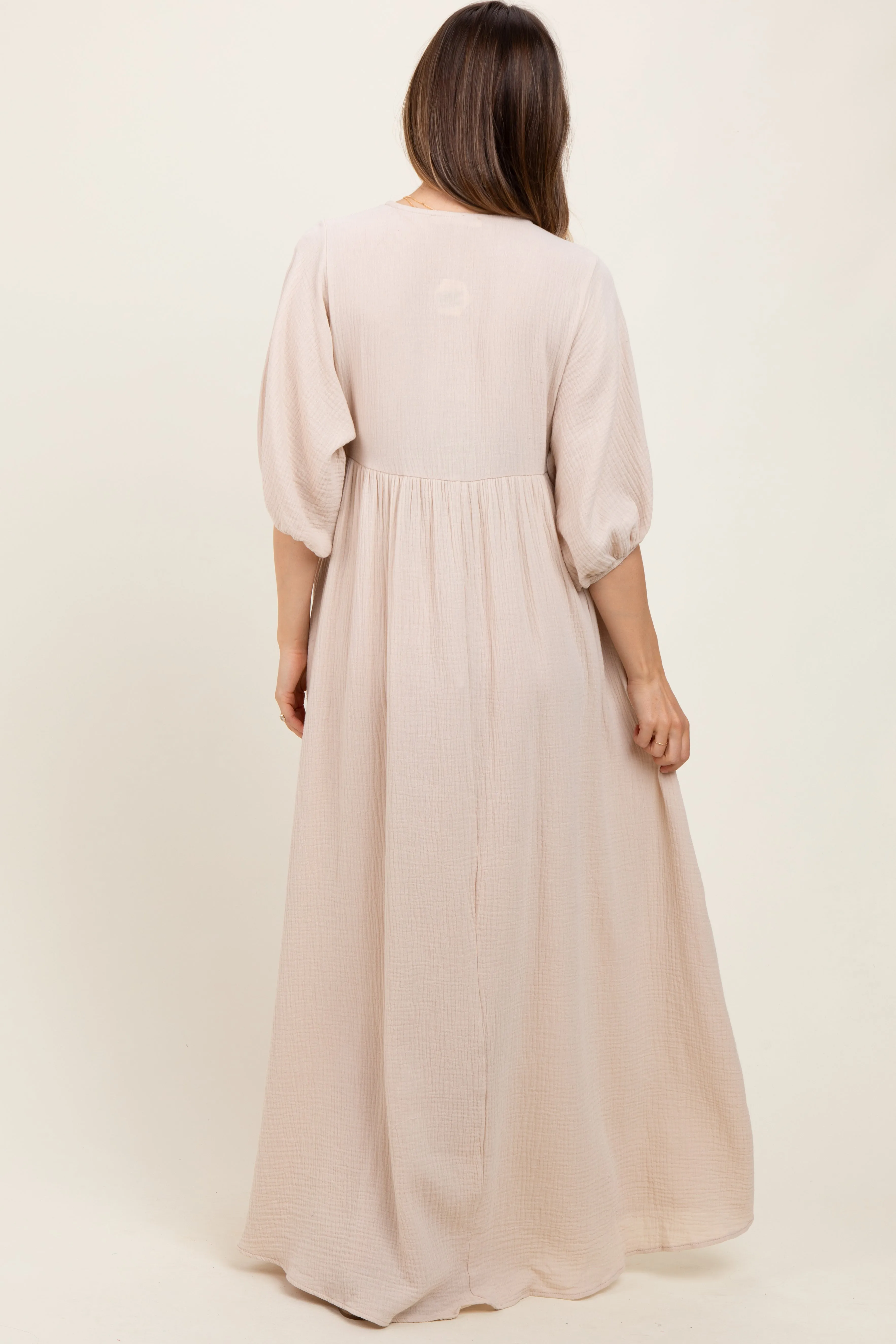 Beige Solid Woven Elbow Sleeve V-Neck Button Down Maternity Maxi Dress sold by Pinkblush product image thumbnail 3