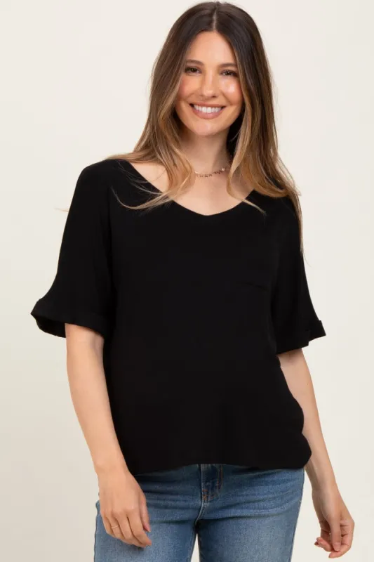 Black Oversized V-Neck Front Pocket Maternity T-Shirt sold by Pinkblush