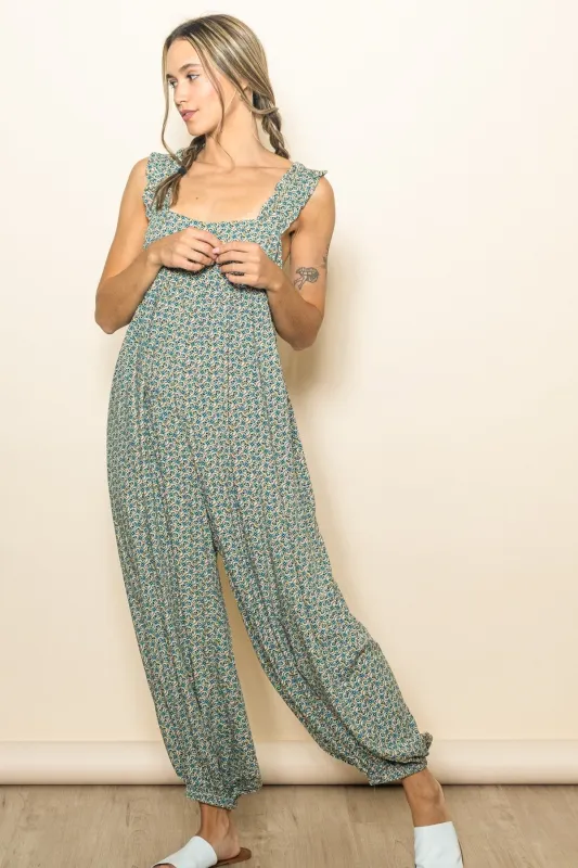 Green Floral Ruffle Strap Barrel Leg Jumpsuit sold by Pinkblush
