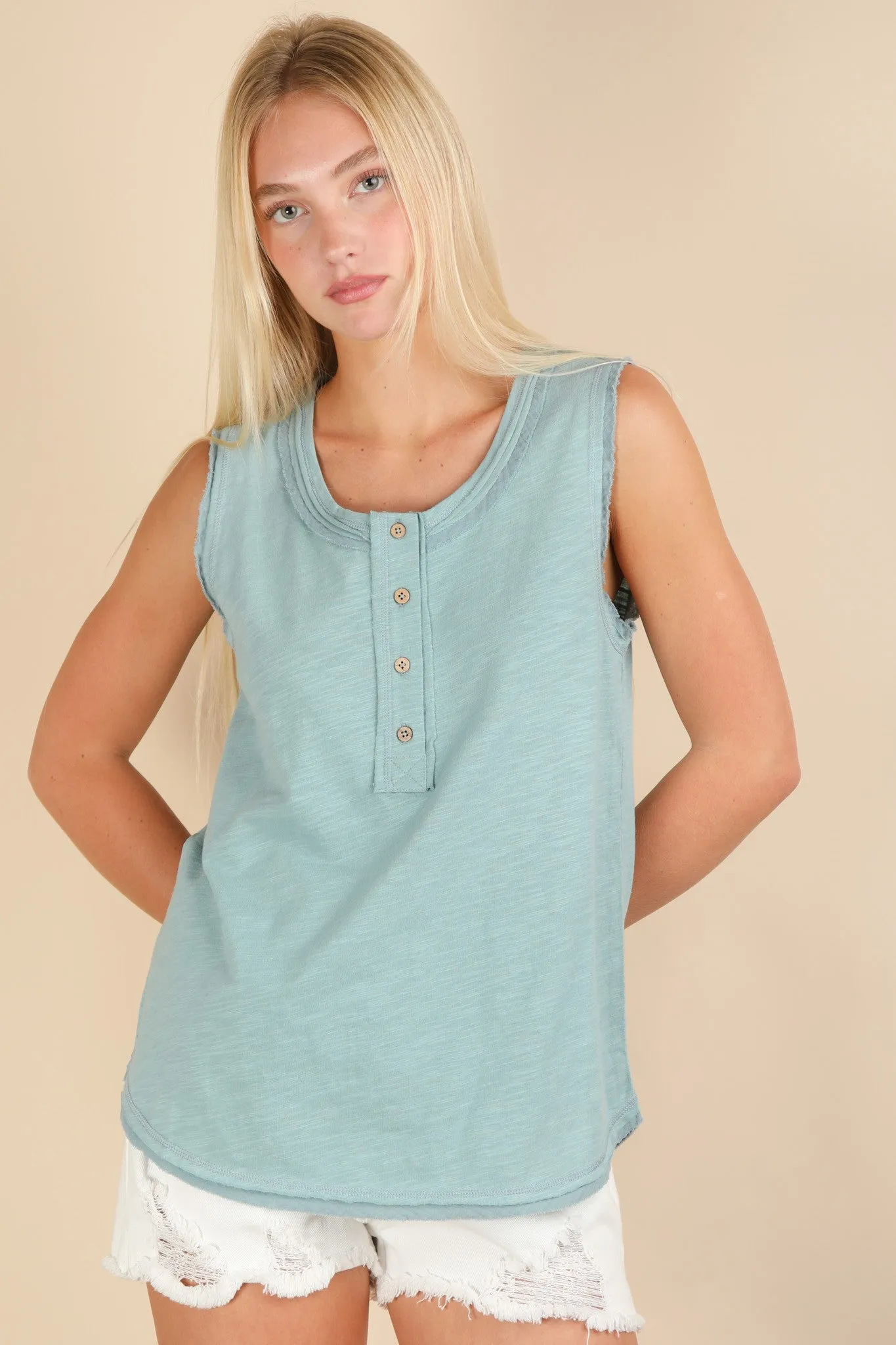 Light Blue Raw Hem Button Detail Sleeveless Top sold by Pinkblush