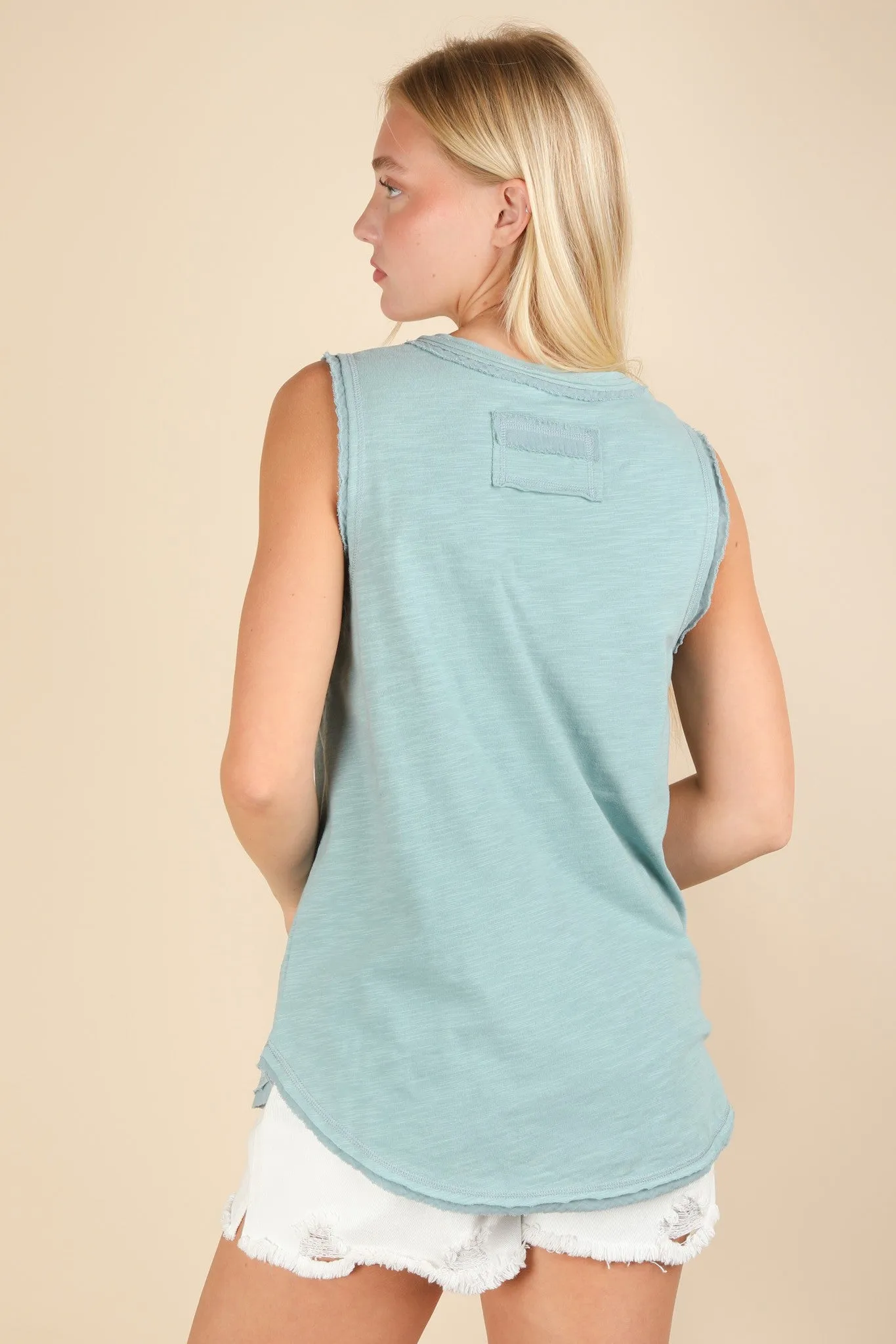 Light Blue Raw Hem Button Detail Sleeveless Top sold by Pinkblush product image thumbnail 3